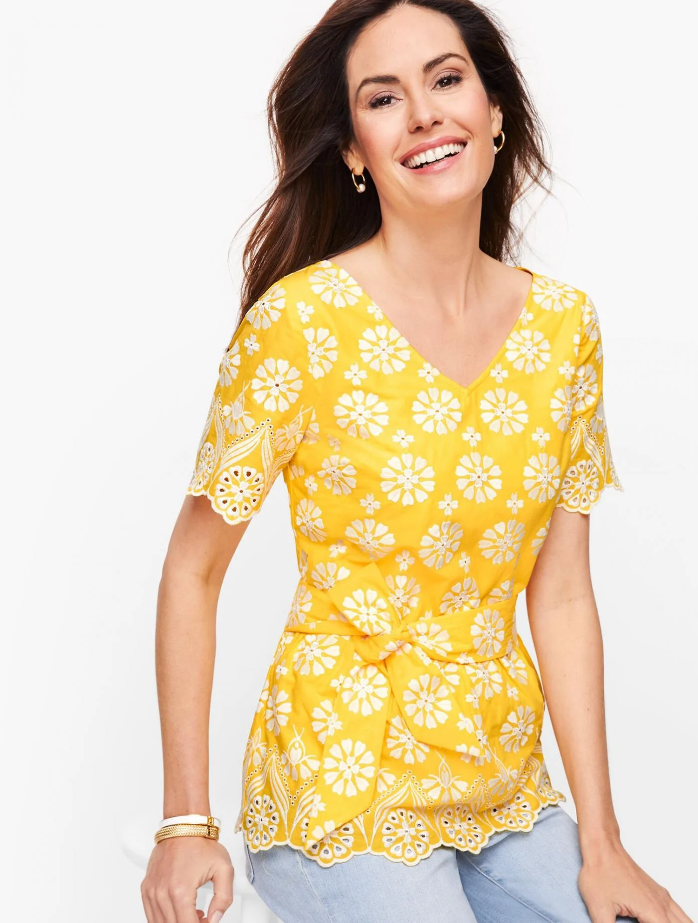 Blouses and Shirts | Embroidered Belted Peplum Top SUNSHINE &#8211; Talbots Womens