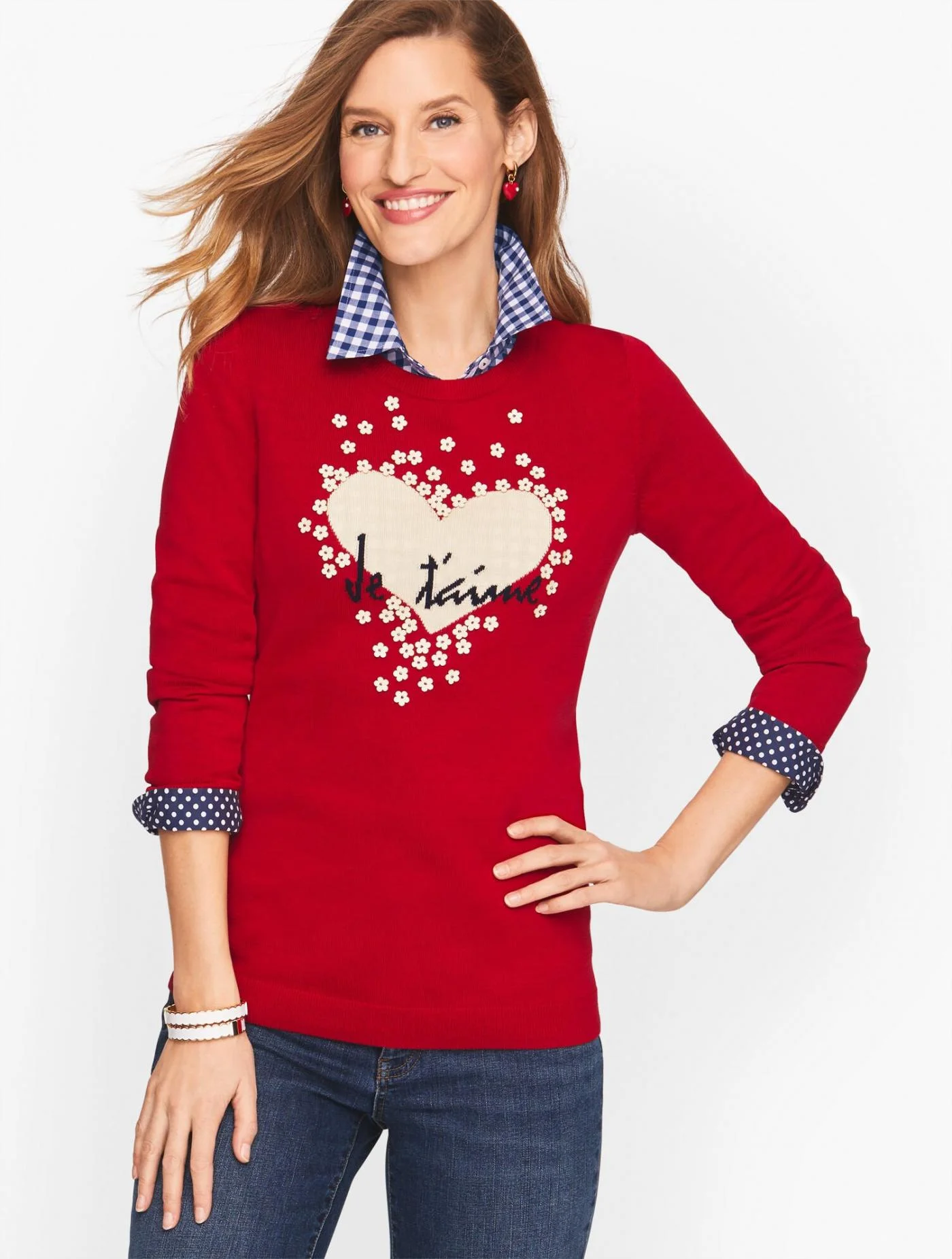 Sweaters | Embellished Heart Sweater RED POP MULTI &#8211; Talbots Womens