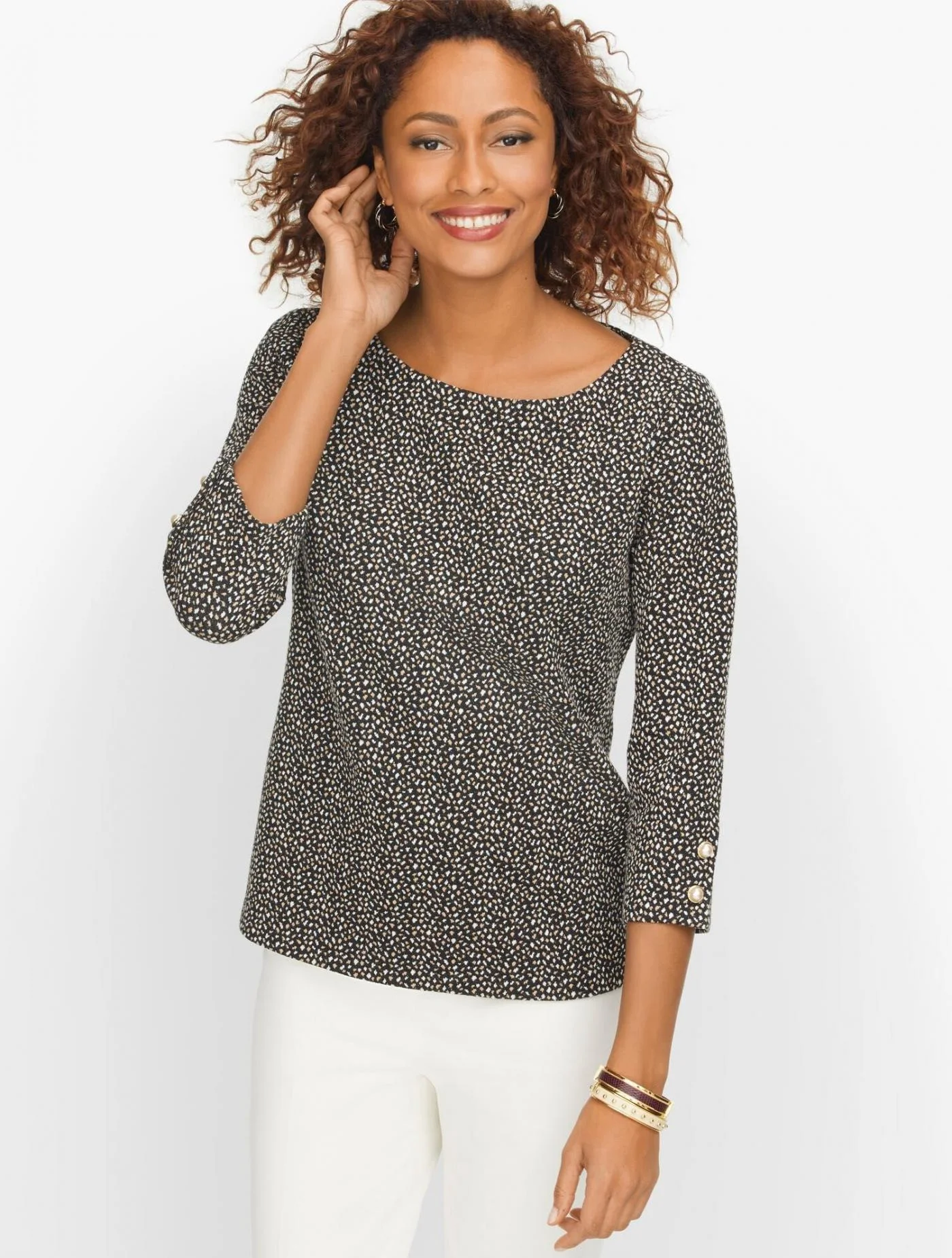 Tees and Knits | Pearl Button Cuff Top &#8211; Confetti Squares BLACK MULTI &#8211; Talbots Womens