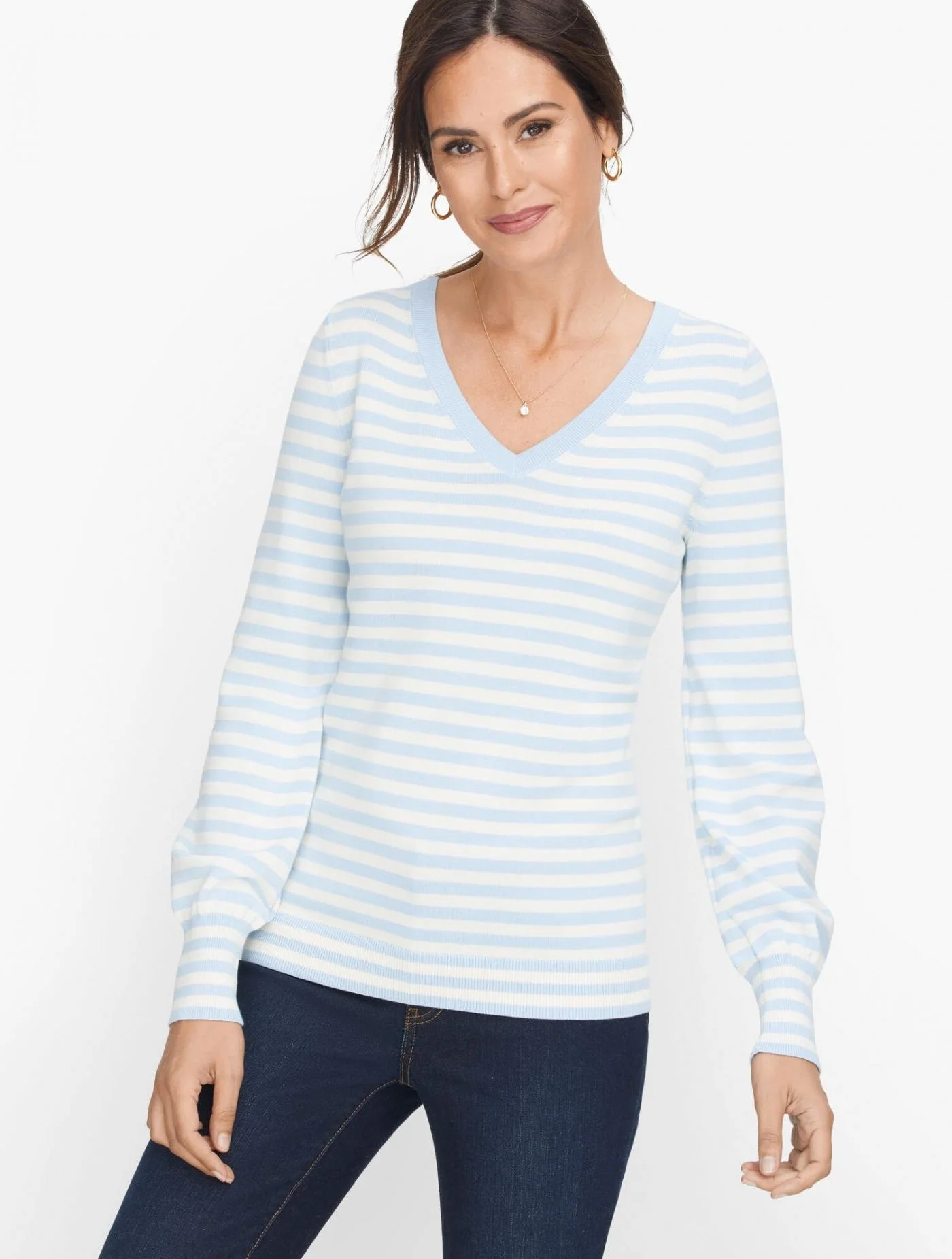 Sweaters | Cotton Stripe V-Neck Sweater FRENCH IRIS/IVORY &#8211; Talbots Womens