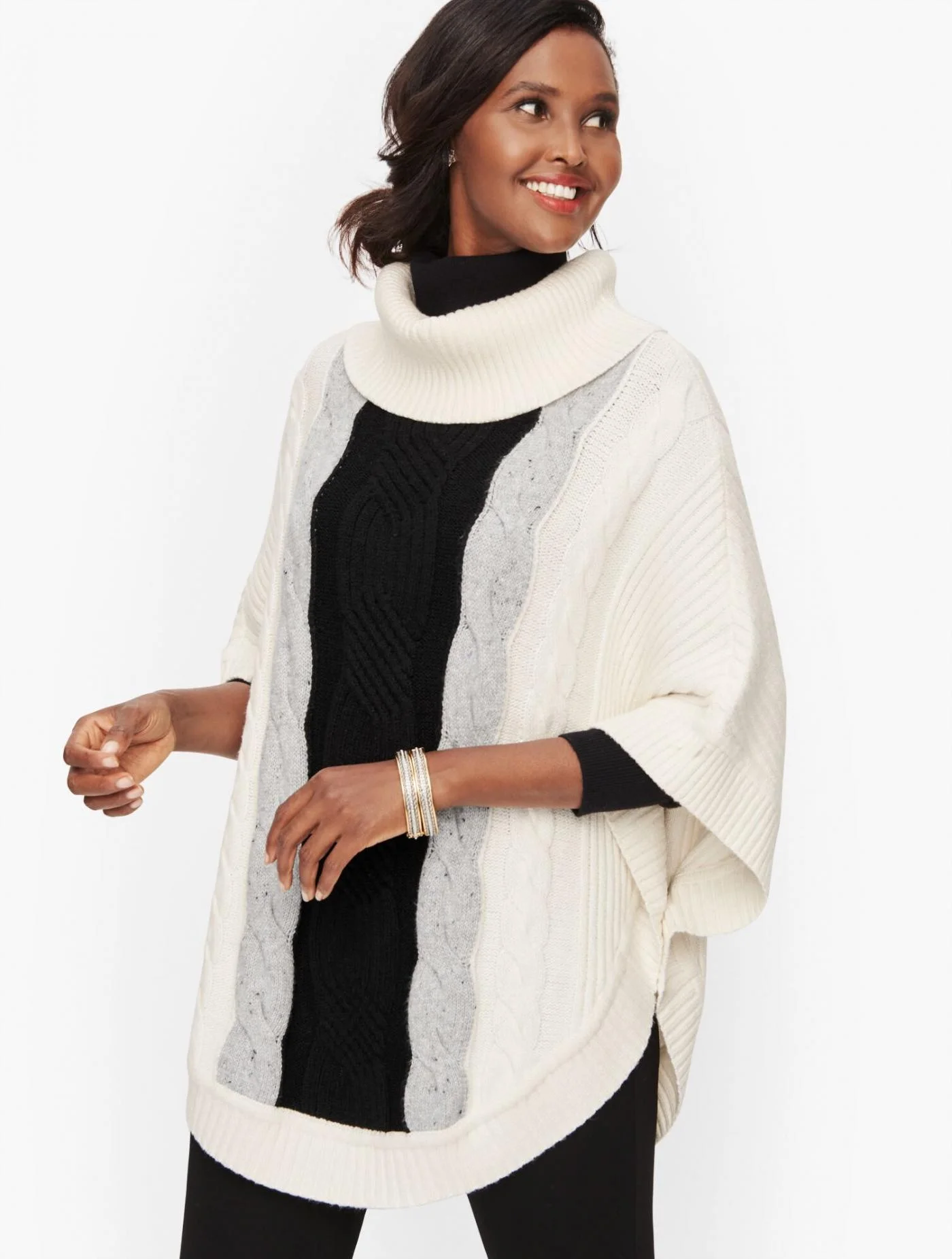 Sweaters | Cableknit Colorblock Cowlneck Poncho IVORY MULTI &#8211; Talbots Womens