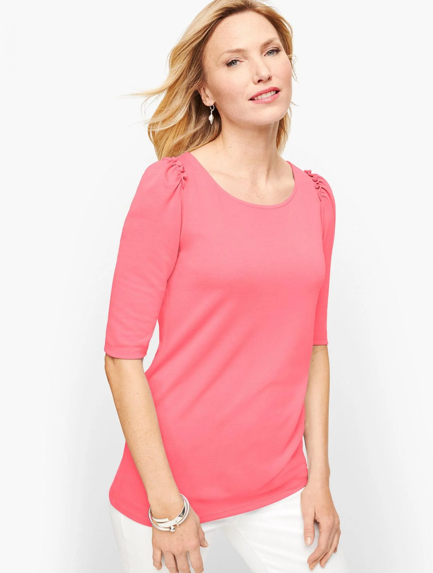 Tees and Knits | Ruched Sleeve Tee GERANIUM PINK &#8211; Talbots Womens