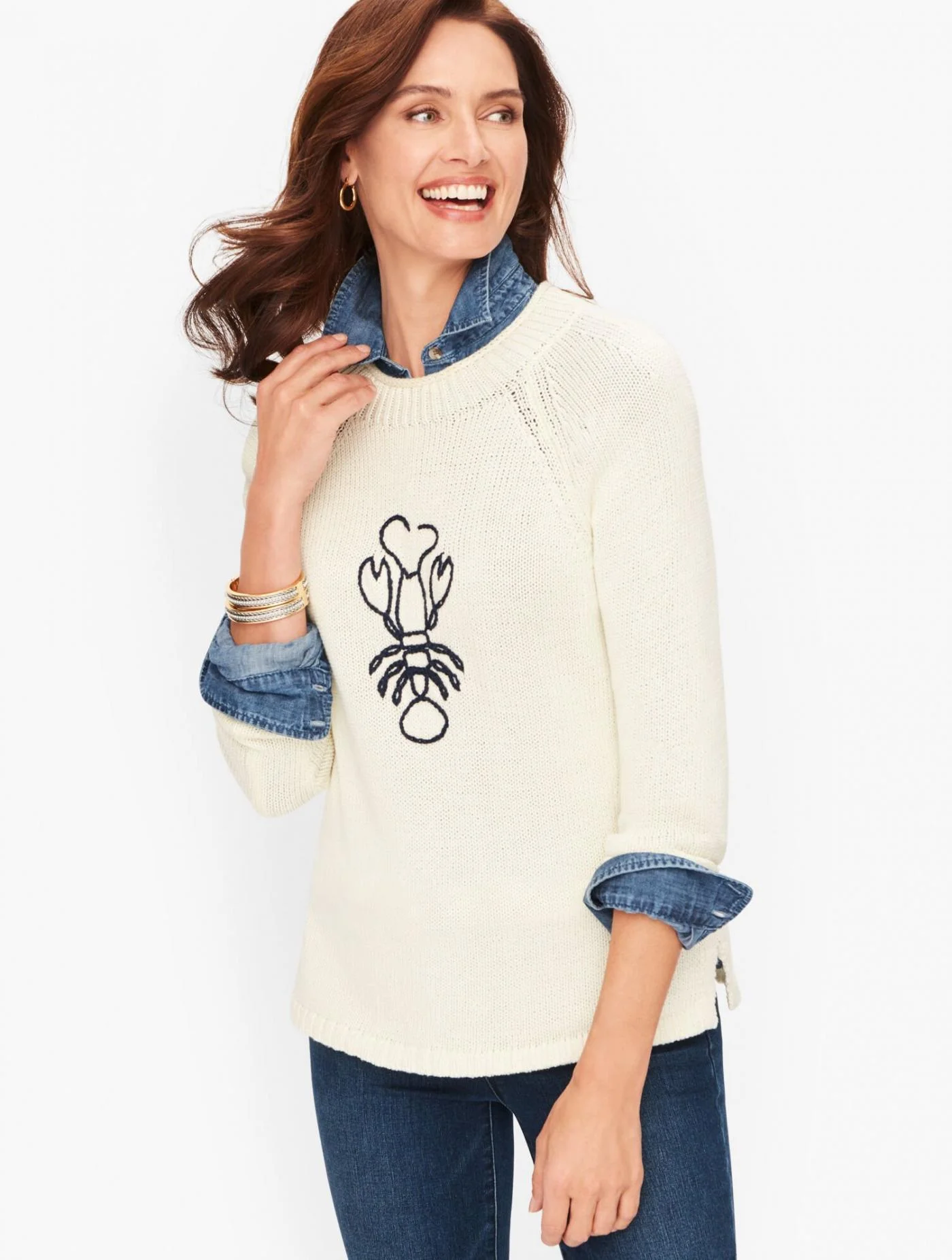 Sweaters | Embroidered Lobster Mockneck Sweater IVORY/INDIGO &#8211; Talbots Womens