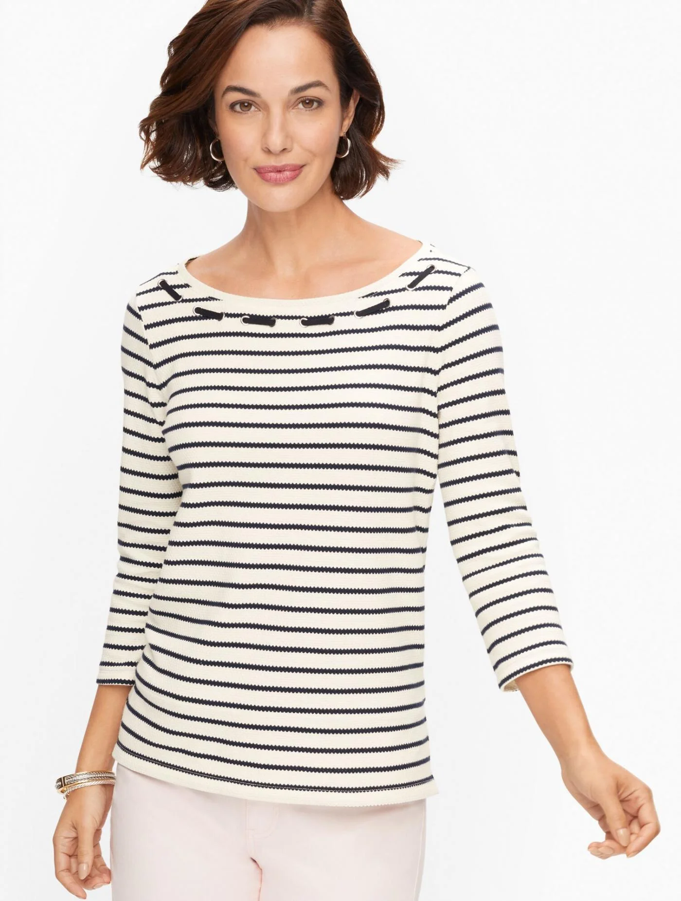 Tees and Knits | Grommet Trim Stripe Tee IVORY/INDIGO &#8211; Talbots Womens