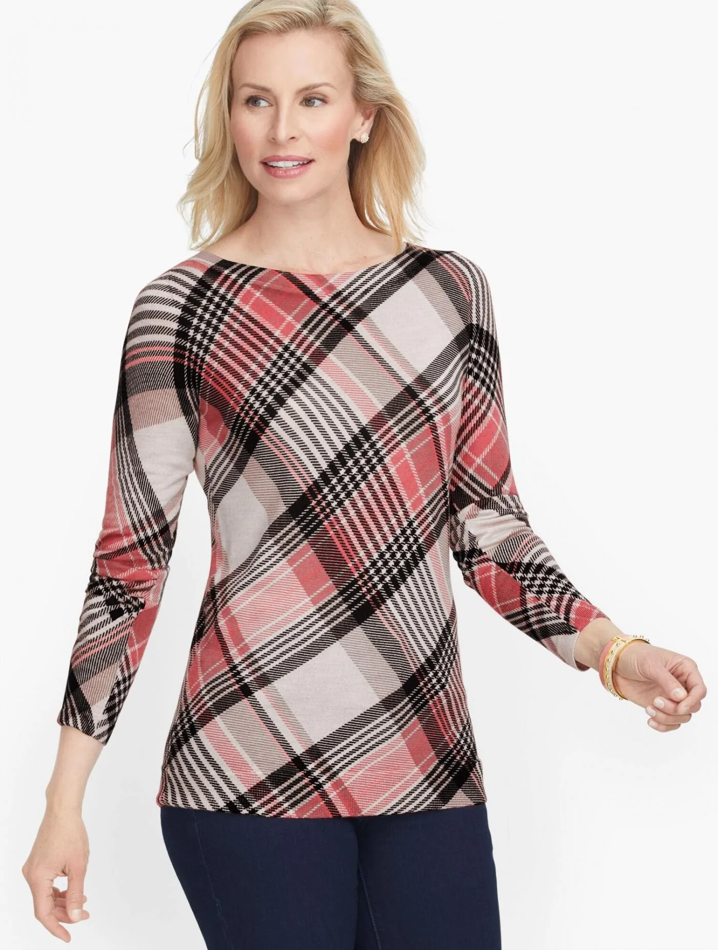 Sweaters | Merino Bateau Neck Plaid Sweater LT GREY HEATHER MULTI &#8211; Talbots Womens