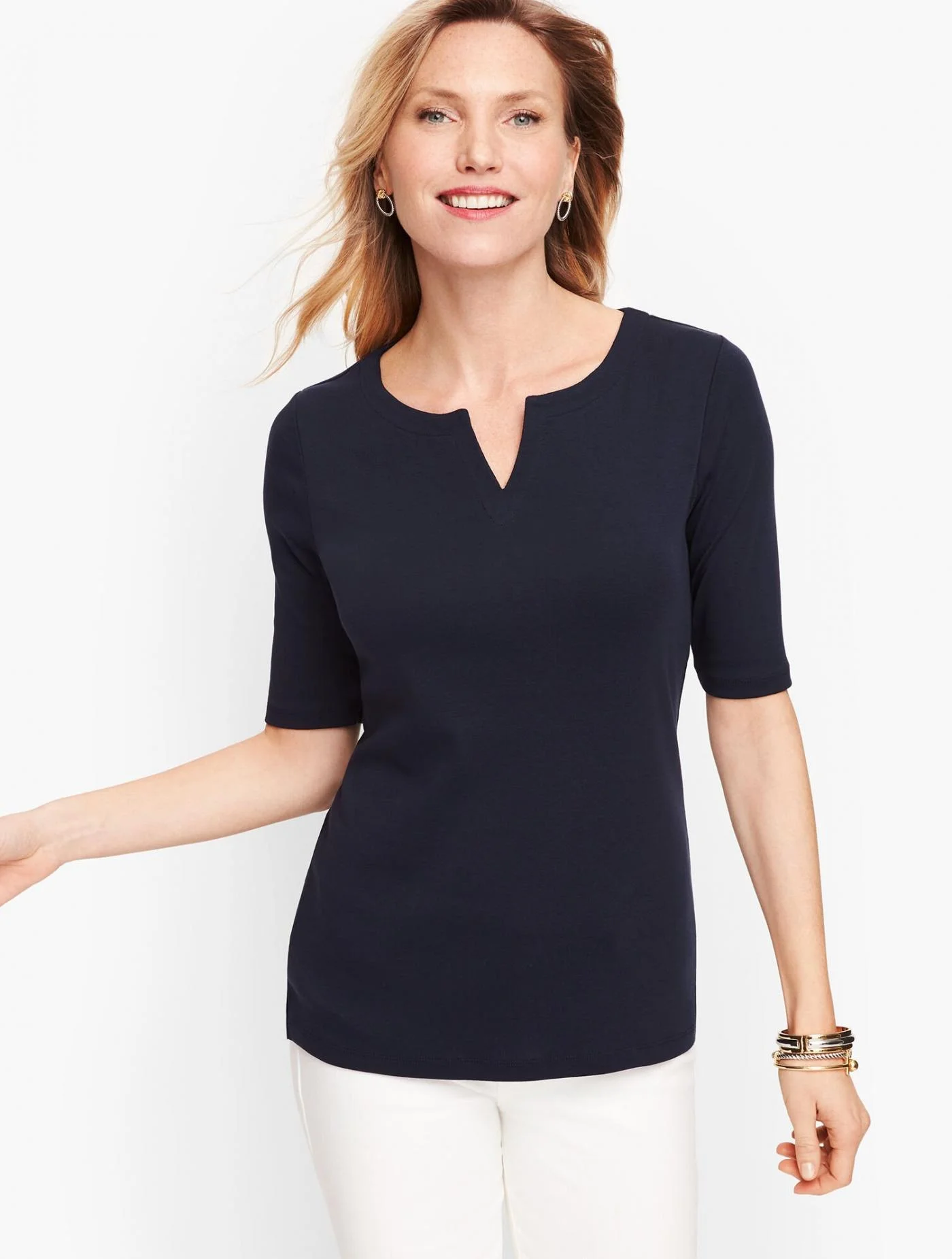 Tees and Knits | Split Neck Cotton Tee &#8211; Solid INDIGO &#8211; Talbots Womens