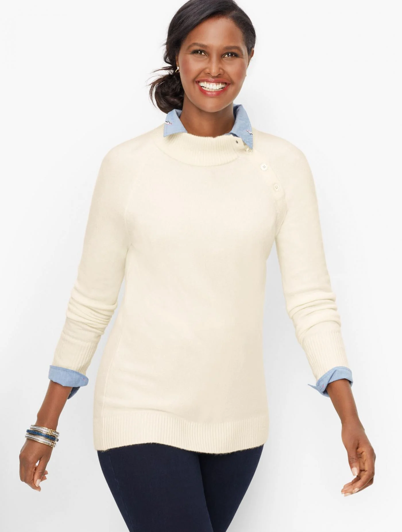 Sweaters | Funnel Neck Button Detail Sweater IVORY &#8211; Talbots Womens