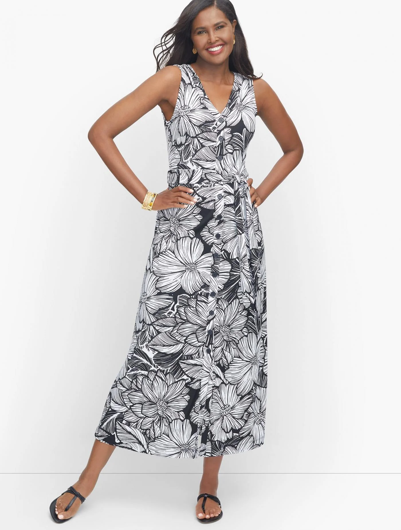 Dresses | Knit Jersey Button Front Tropical Maxi Dress BLACK/WHITE &#8211; Talbots Womens