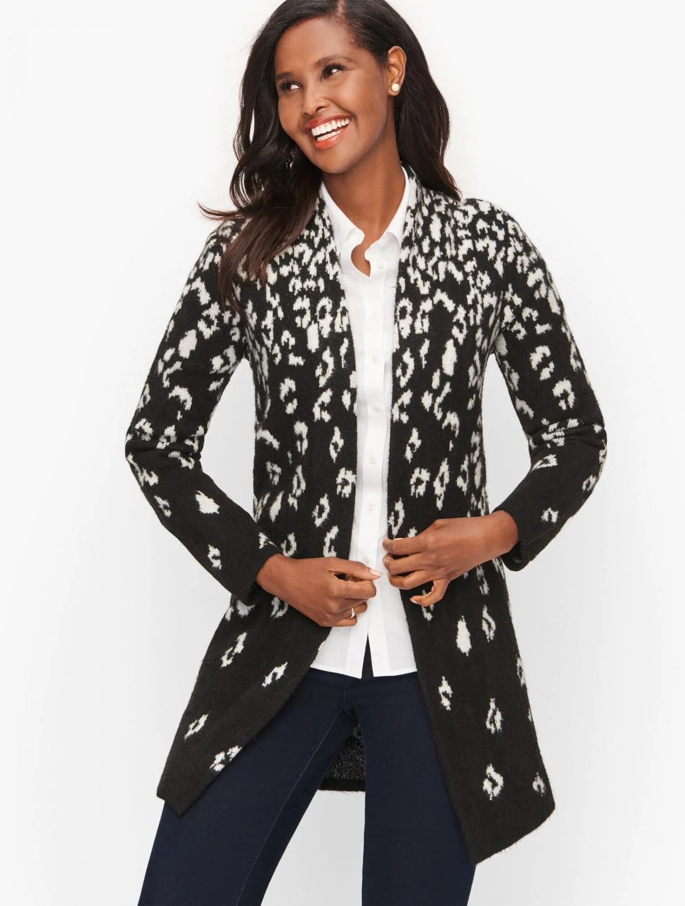 Sweaters | Open Front Cardigan &#8211; Leopard Print BLACK/IVORY &#8211; Talbots Womens