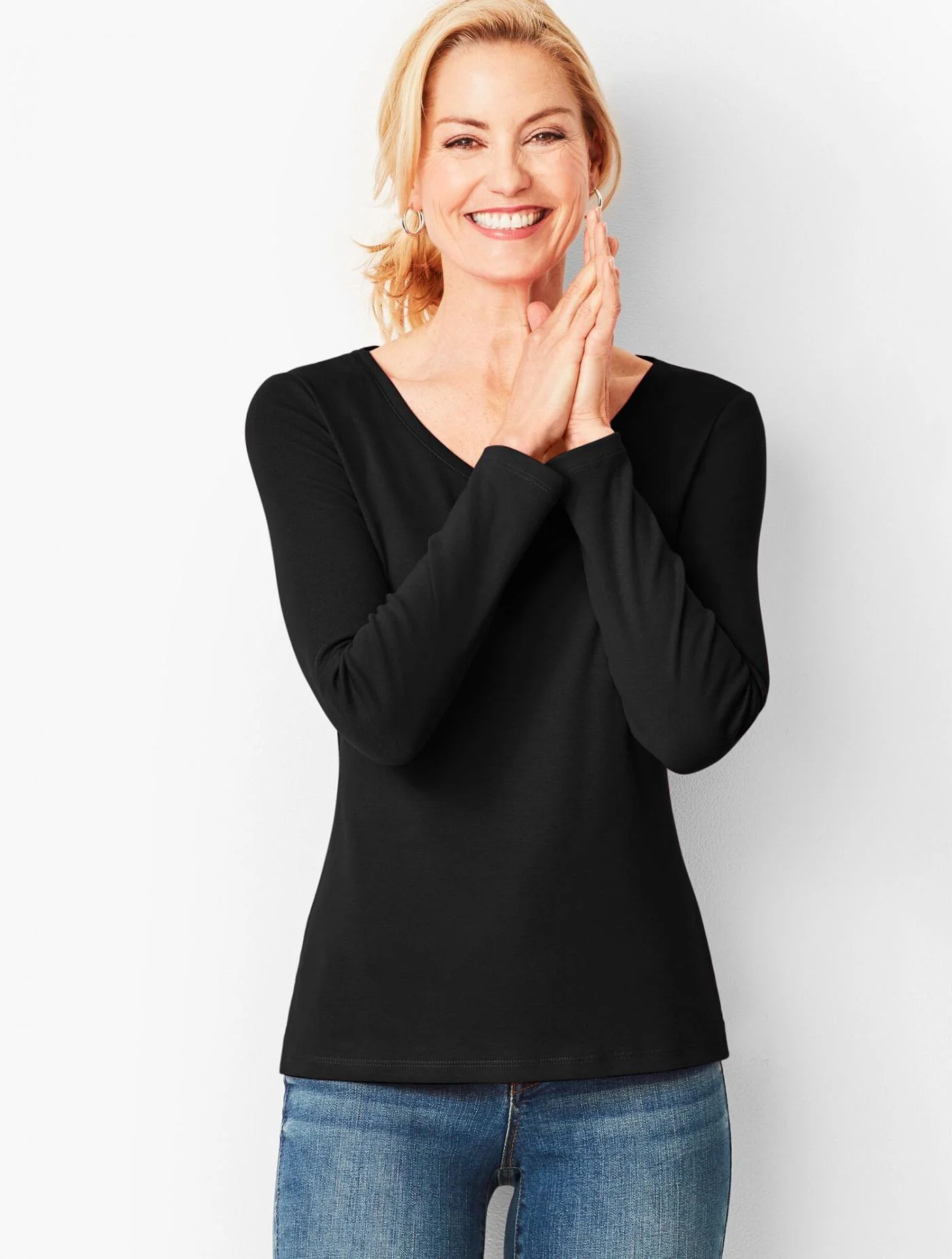 Tees and Knits | Ribbed Pima V-Neck Tee BLACK &#8211; Talbots Womens