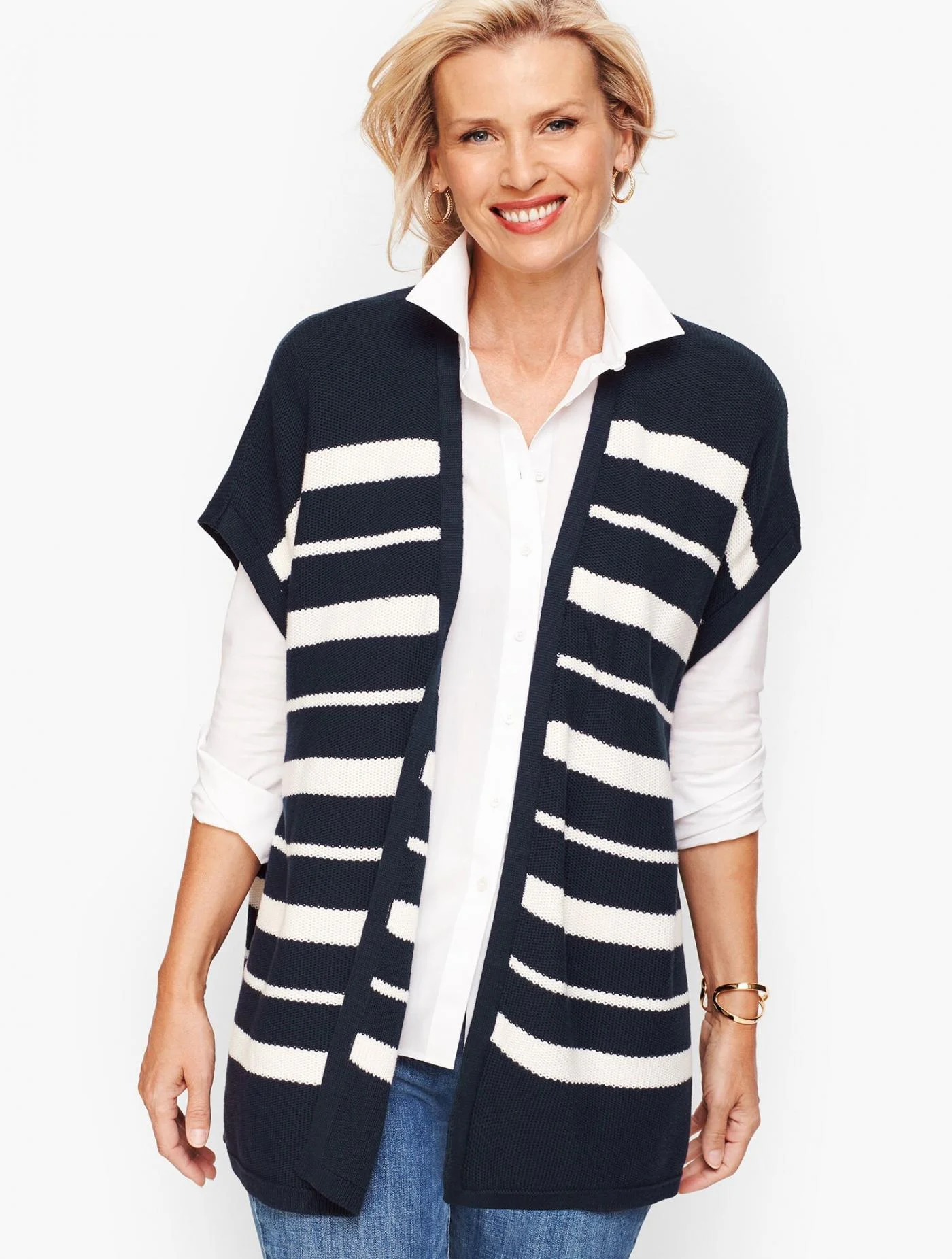 Sweaters | Striped Open Vest INDIGO BLUE MULTI &#8211; Talbots Womens