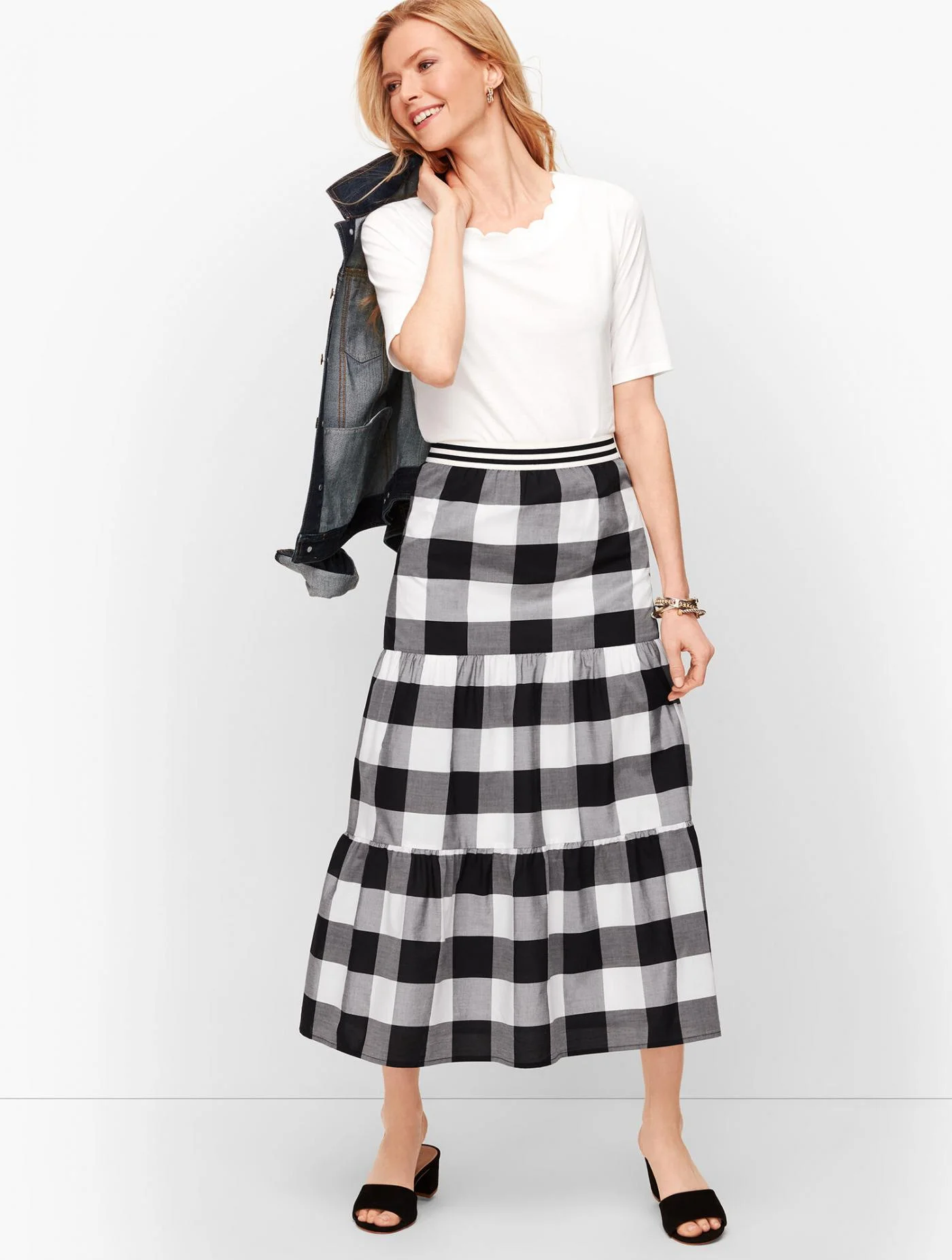 Skirts | Buffalo Check Tiered Midi Skirt BLACK/WHITE &#8211; Talbots Womens