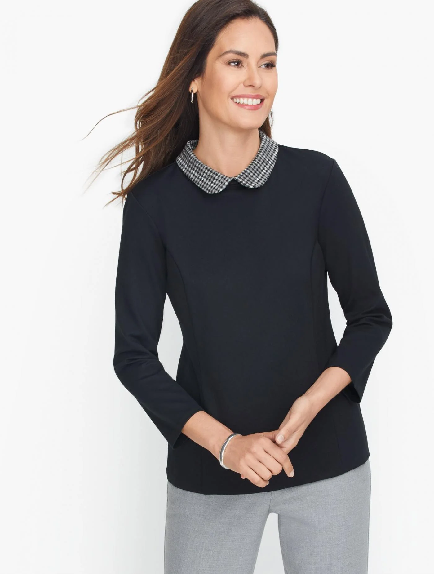 Tees and Knits | Ponte Plaid Collar Top BLACK &#8211; Talbots Womens