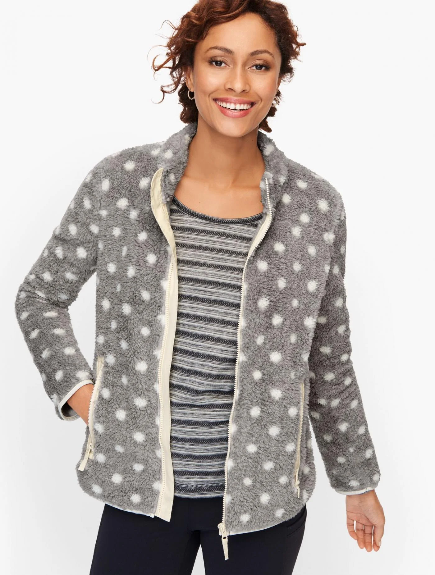 Jackets and Outerwear | Sherpa Woven Trim Jacket &#8211; Dot GREY/IVORY &#8211; Talbots Womens