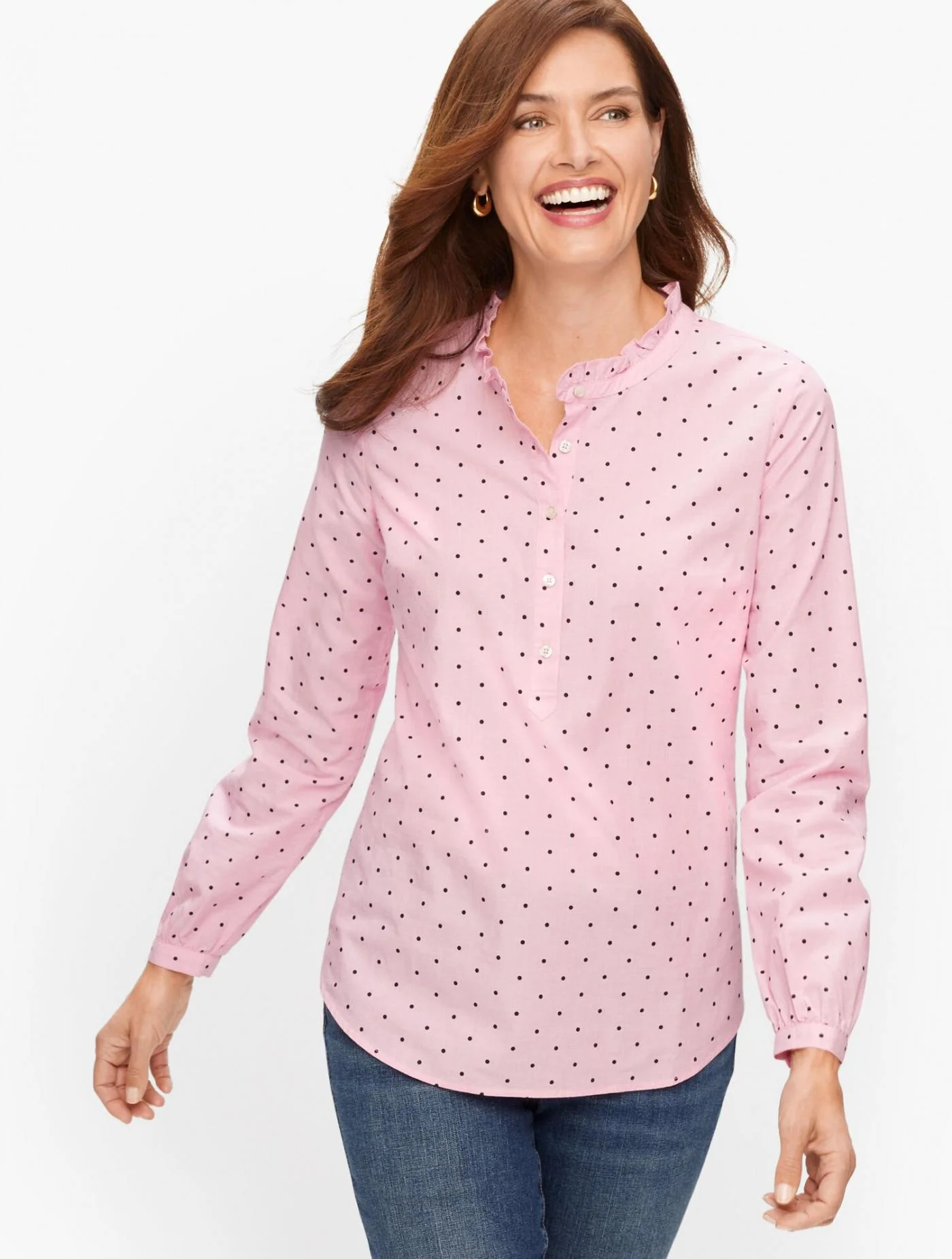 Blouses and Shirts | Cotton Feminine Popover &#8211; Dot PINK CHAMBRAY/INDIGO &#8211; Talbots Womens