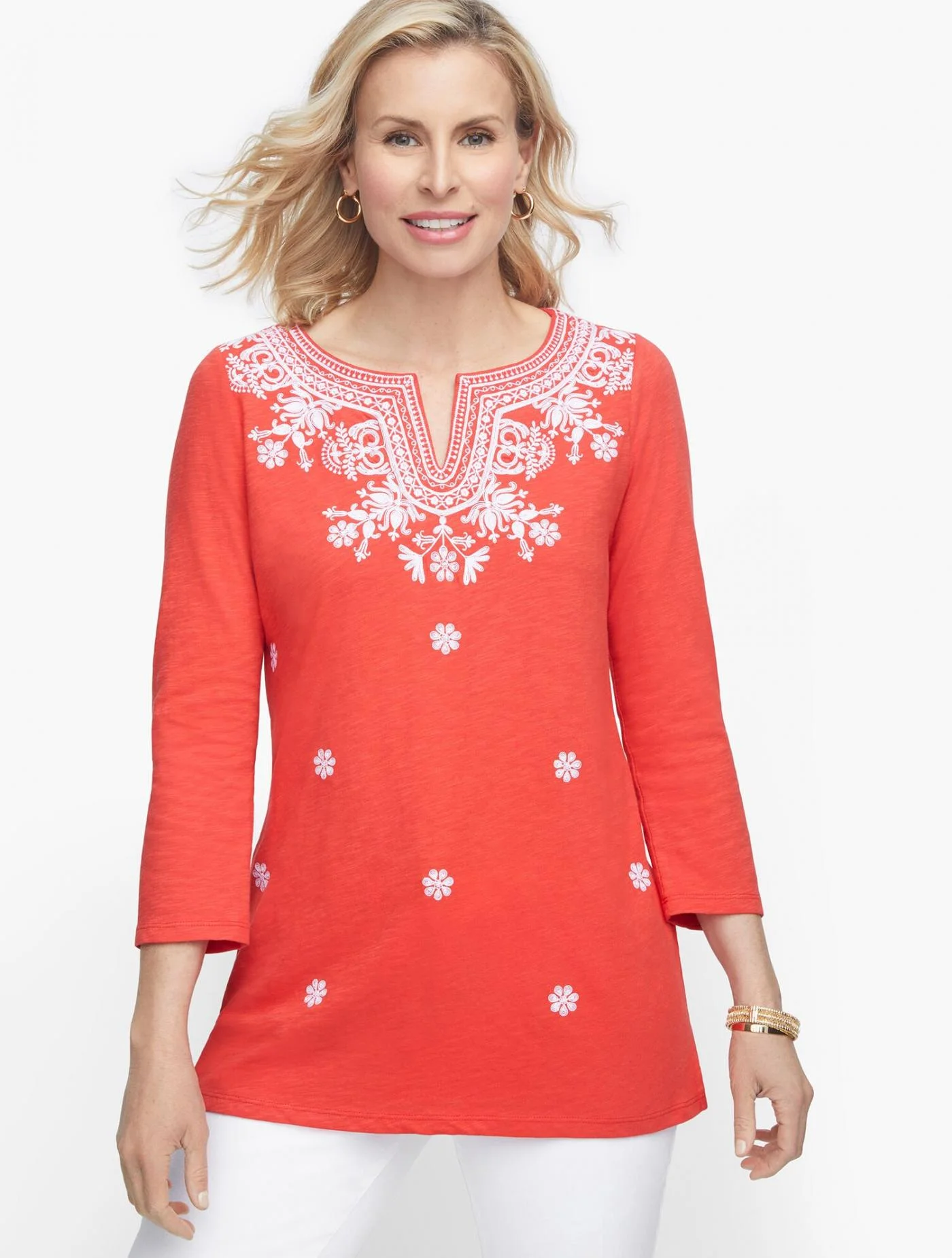 Tees and Knits | Embroidered Split Neck Tunic ORANGE ZINNIA/WHITE &#8211; Talbots Womens