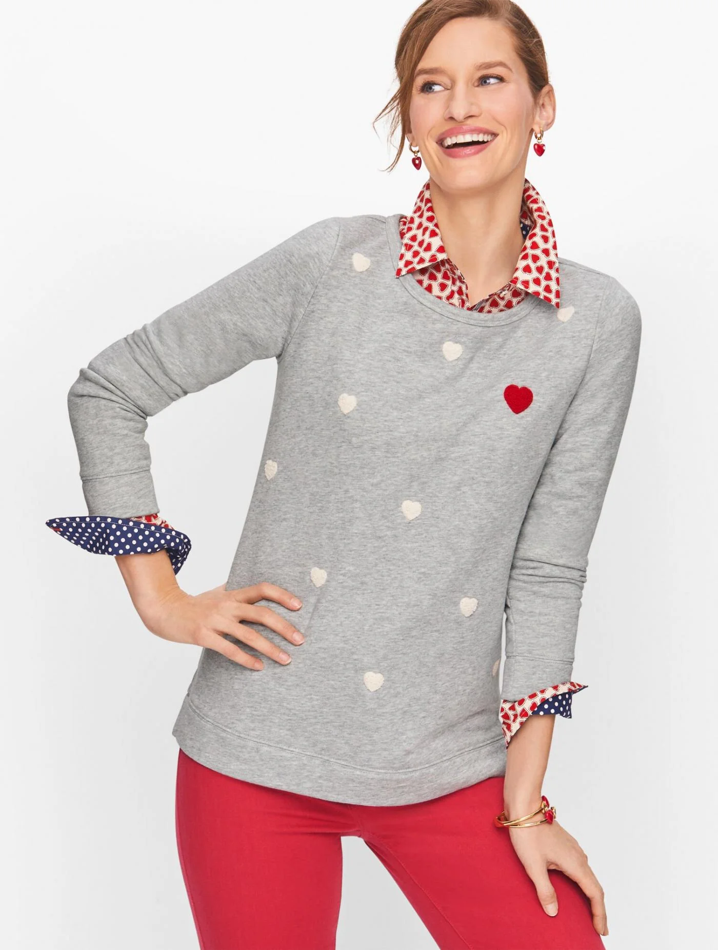 Tees and Knits | Embellished Hearts Sweatshirt GREY SKY HEATHER &#8211; Talbots Womens