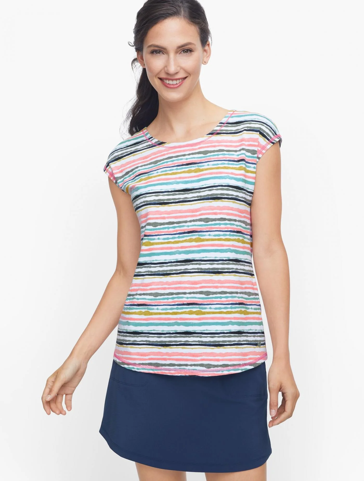 Tees and Knits | Crisscross Back Tee &#8211; Painterly Stripe WHITE MULTI &#8211; Talbots Womens