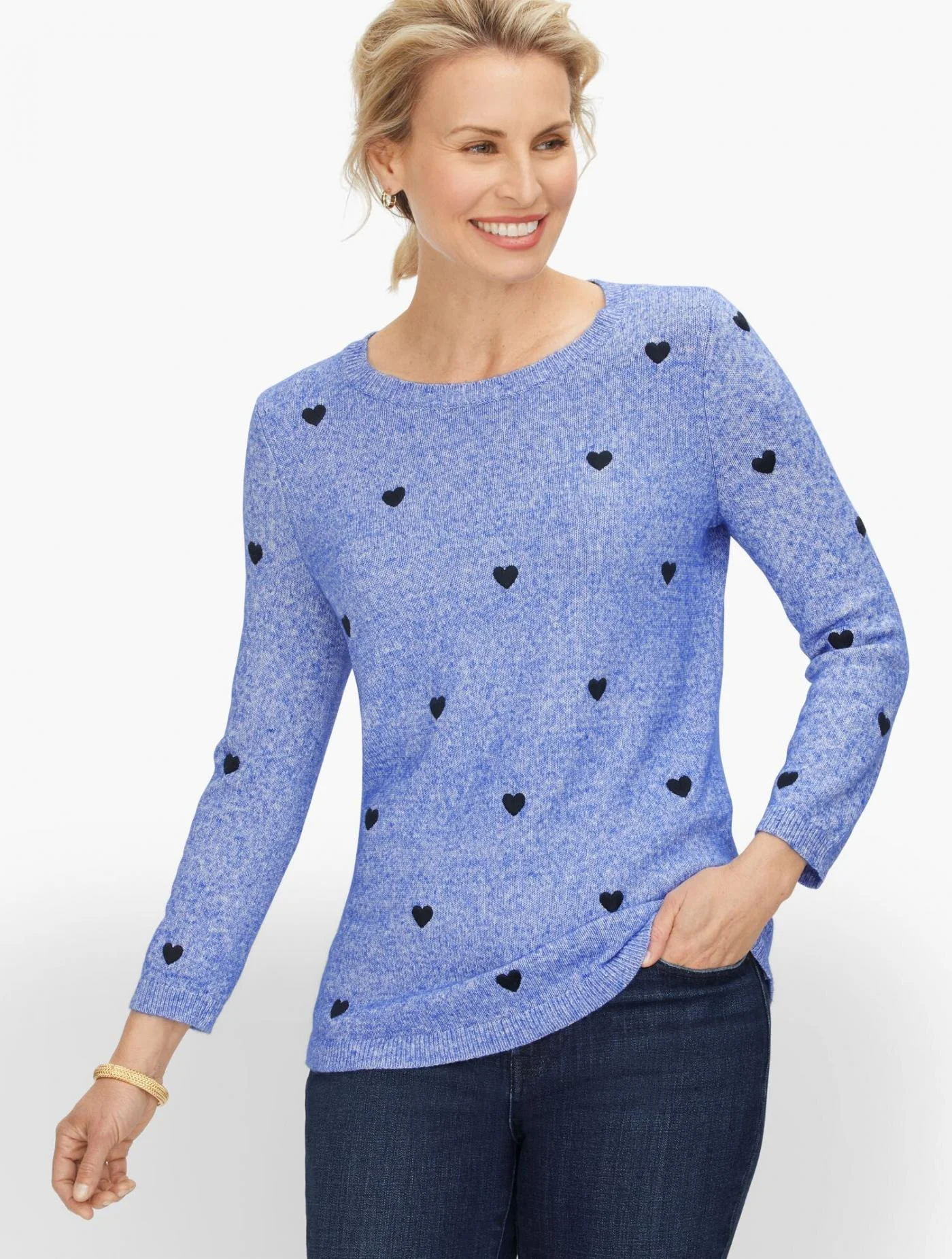 Sweaters | Embroidered Hearts Crewneck Sweater BRETON BLUE MULTI &#8211; Talbots Womens