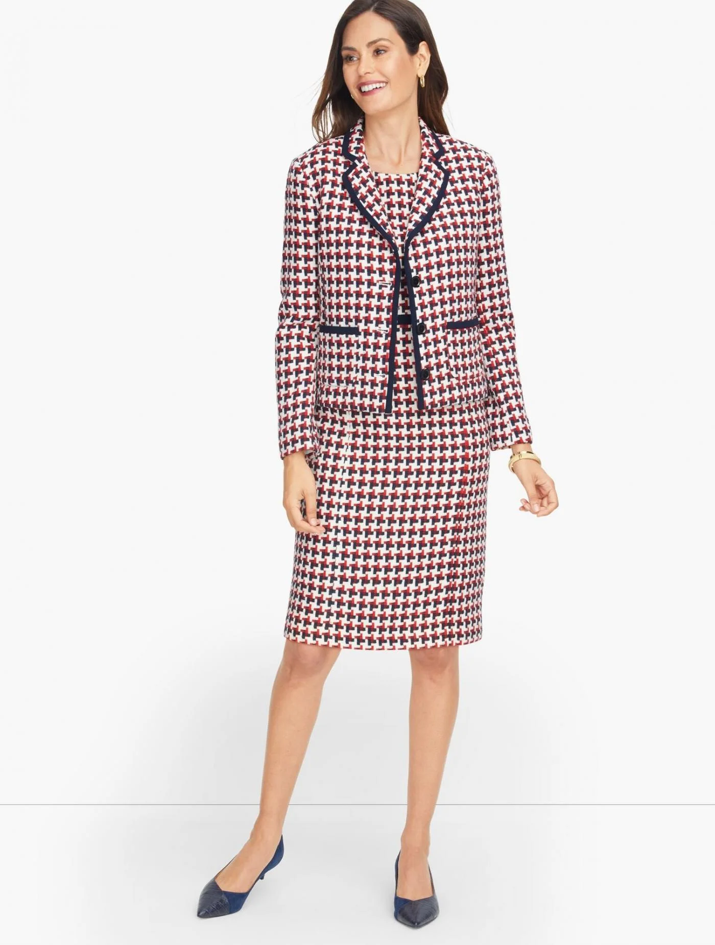 Jackets and Outerwear | Luxe Woven Bold Houndstooth Jacket RED/WHITE/NAVY &#8211; Talbots Womens