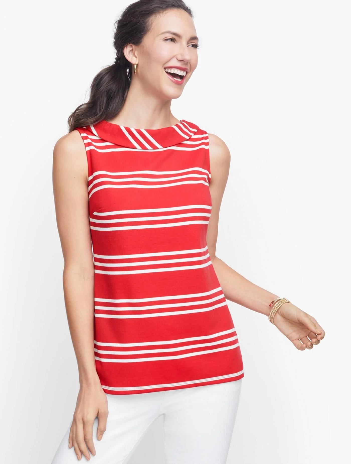 Tees and Knits | Ponte Sabrina Neck Top &#8211; Stripe RED POP/WHITE &#8211; Talbots Womens