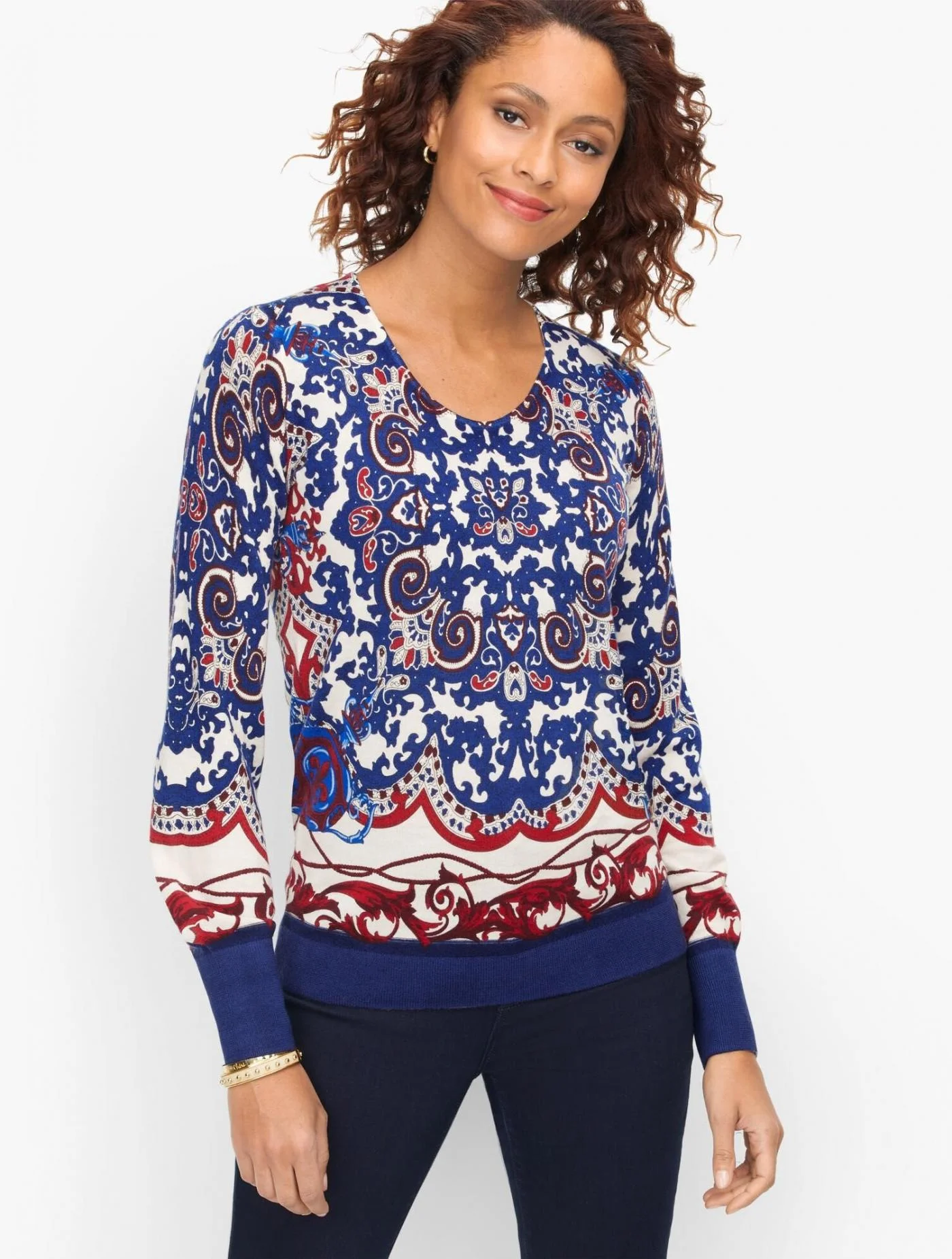 Sweaters | Soft Merino V-Neck Sweater &#8211; Medallion Print IVORY MULTI &#8211; Talbots Womens