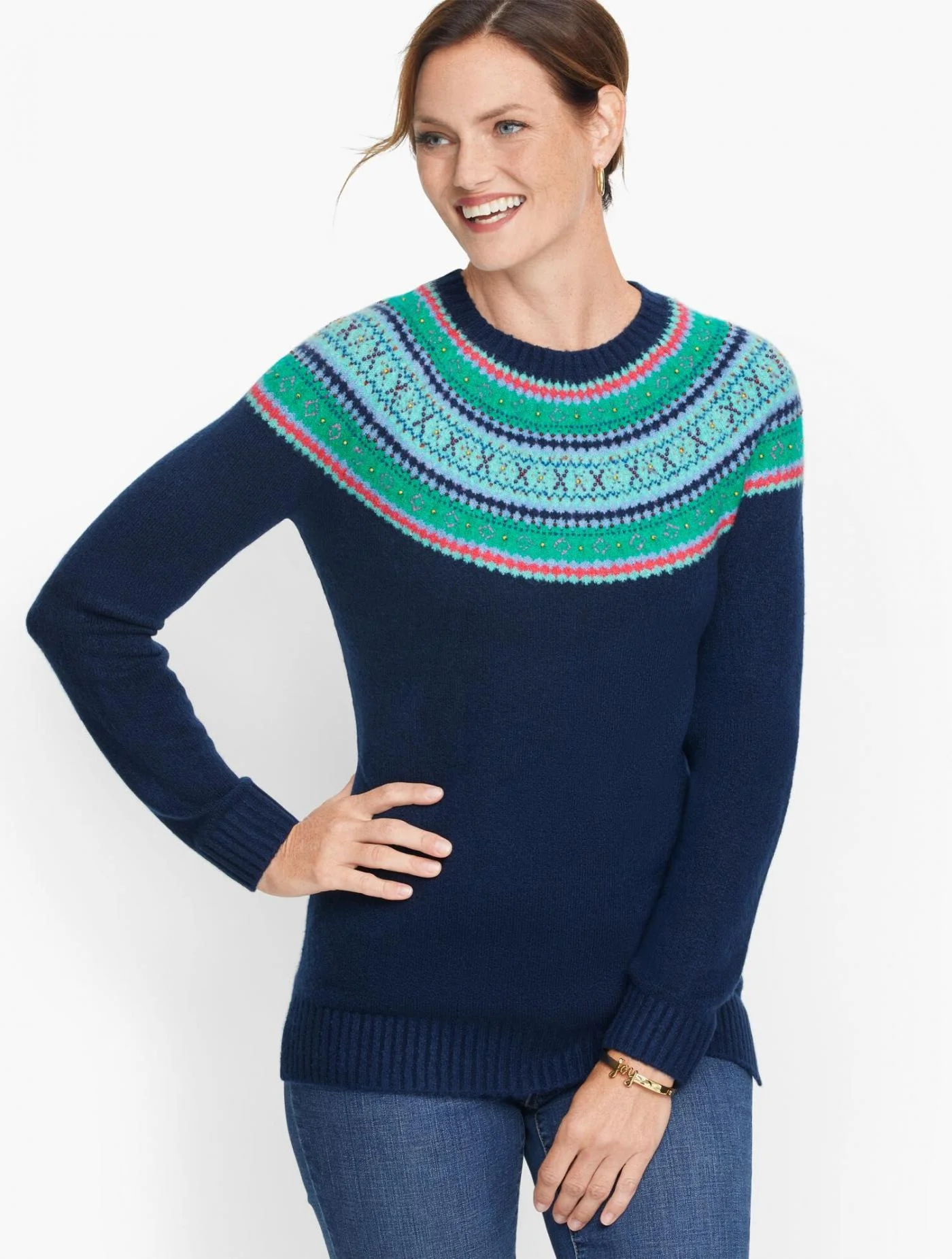 Sweaters | Beaded Fair Isle Sweater INDIA INK COMBO &#8211; Talbots Womens