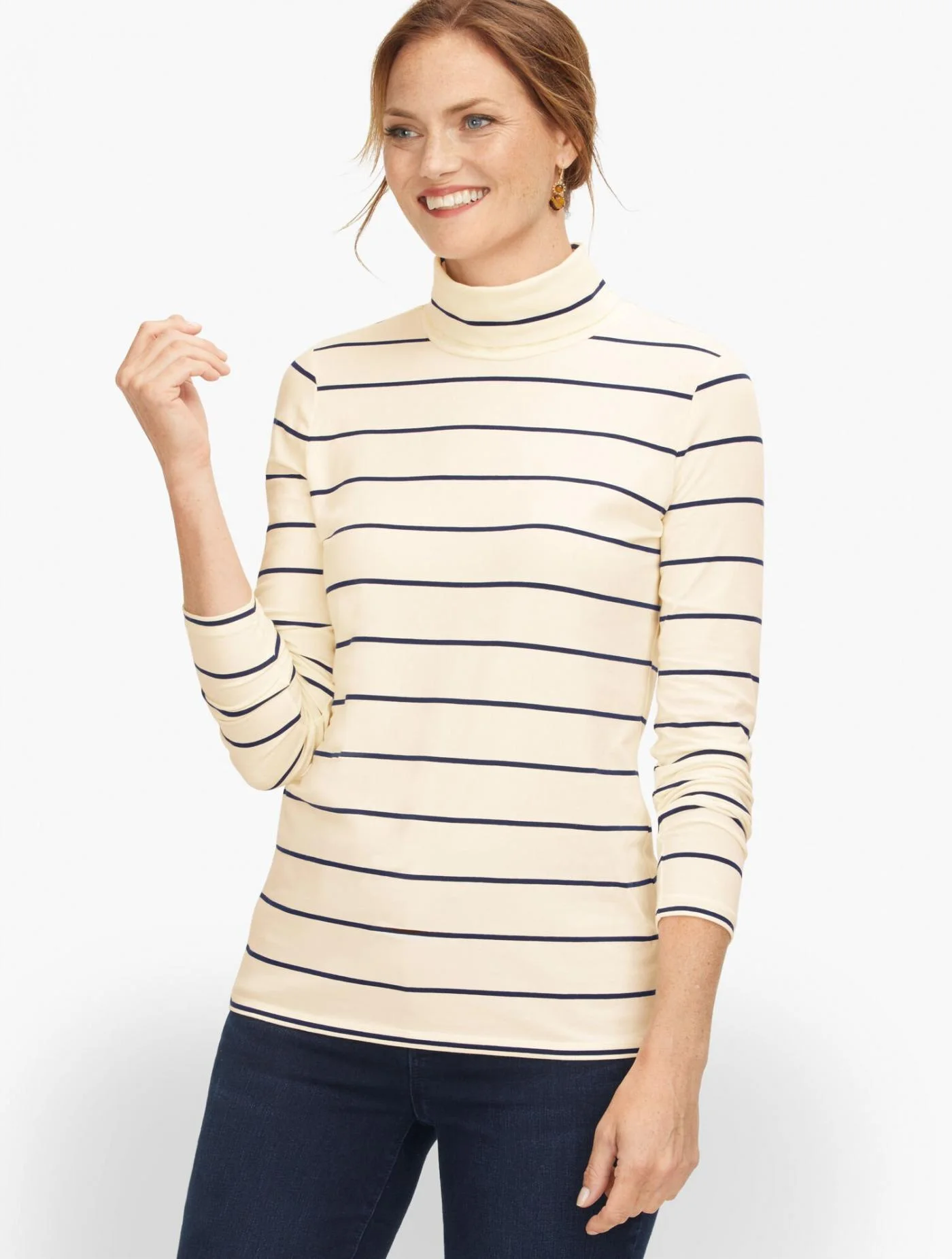 Tees and Knits | Cotton Turtleneck &#8211; Nice Stripe IVORY/INDIGO &#8211; Talbots Womens