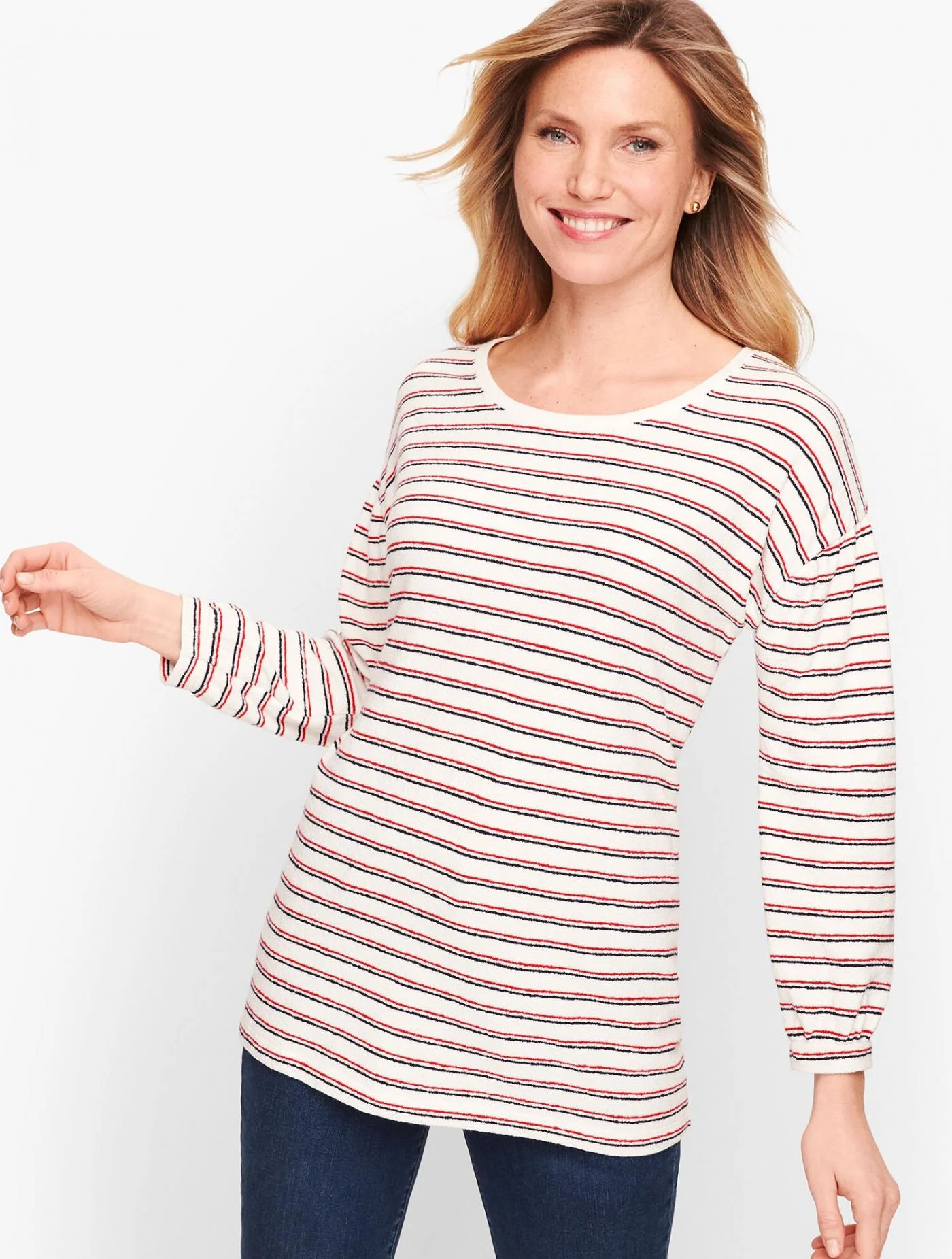 Tees and Knits | Gathered Sleeve Stripe Top  IVORY/INDIGO/BRIGHT APPLE &#8211; Talbots Womens