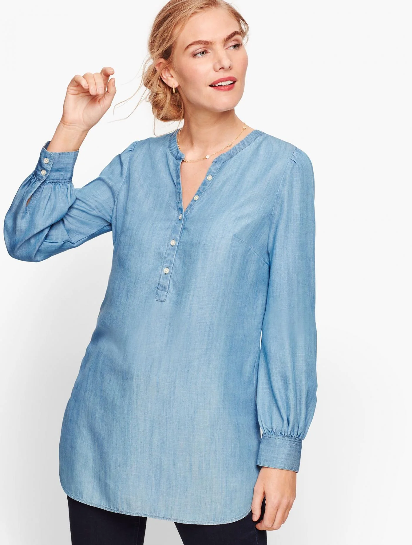 Blouses and Shirts | Banded Collar Popover &#8211; Denim CAMBRIDGE WASH &#8211; Talbots Womens