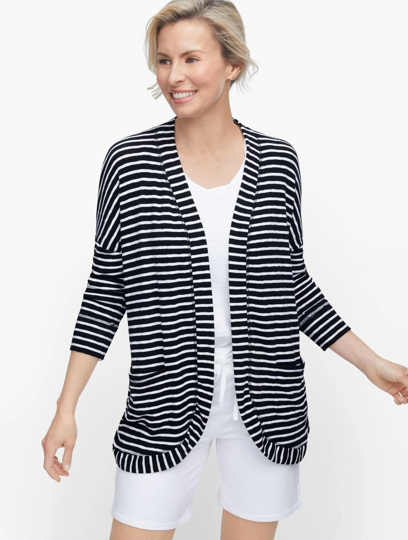 Tees and Knits | Soft French Terry Open Cardigan &#8211; Stripe  BLACK/WHITE &#8211; Talbots Womens