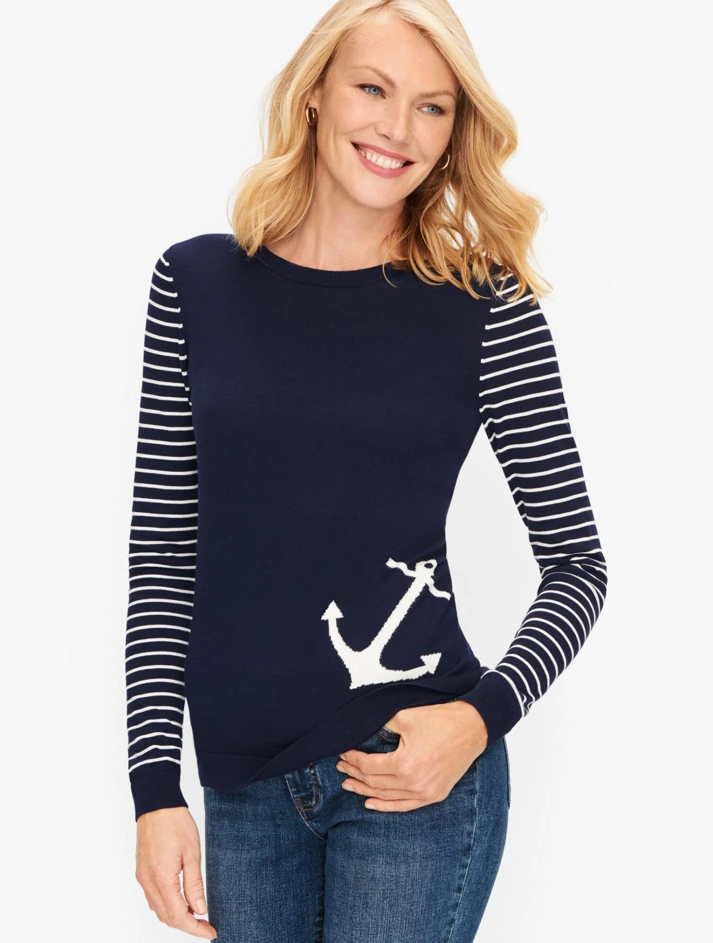 Sweaters | Crewneck Anchor Sweater INDIGO BLUE/IVORY &#8211; Talbots Womens