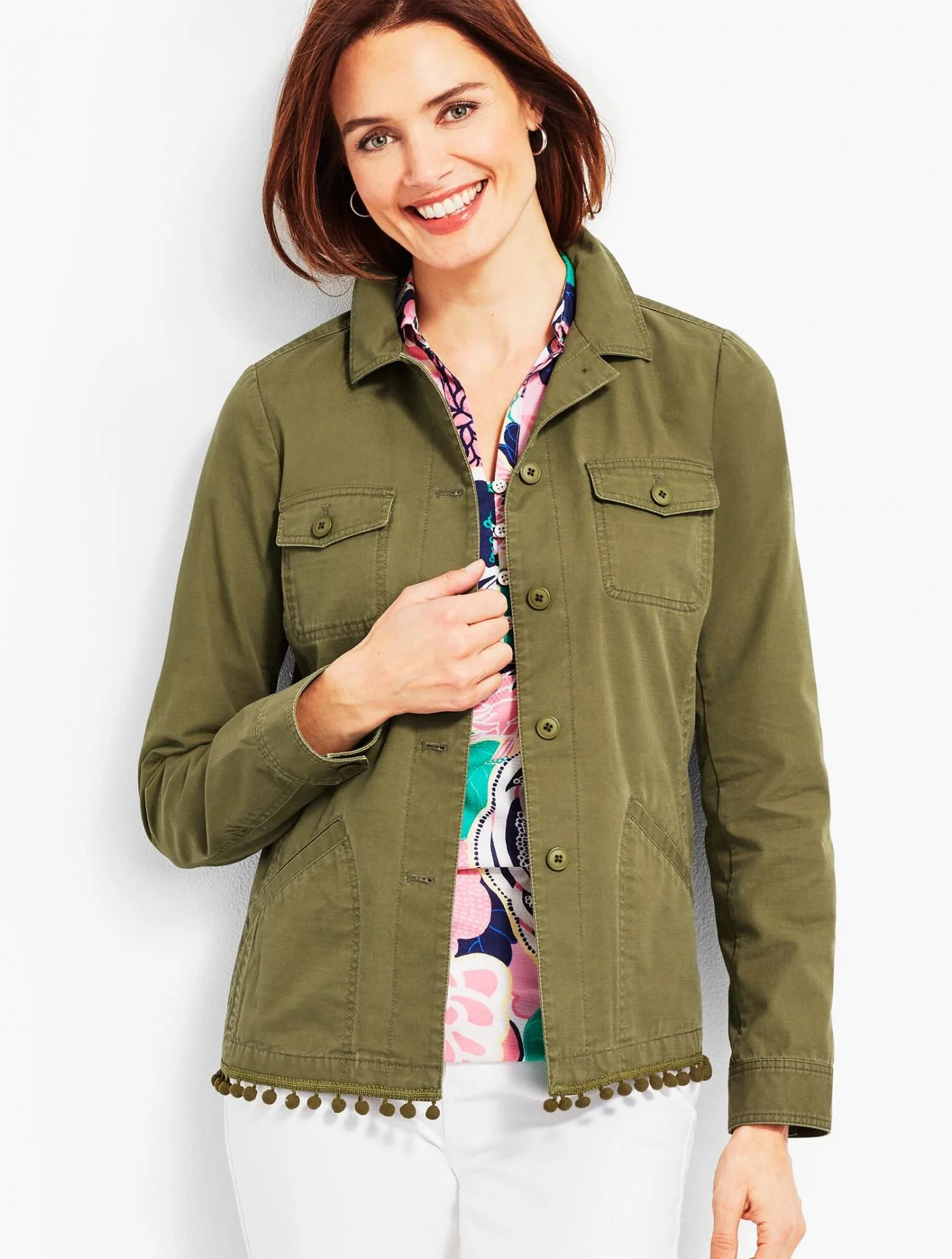 Jackets and Outerwear | Pom-Pom Twill Jacket IRISH MOSS &#8211; Talbots Womens