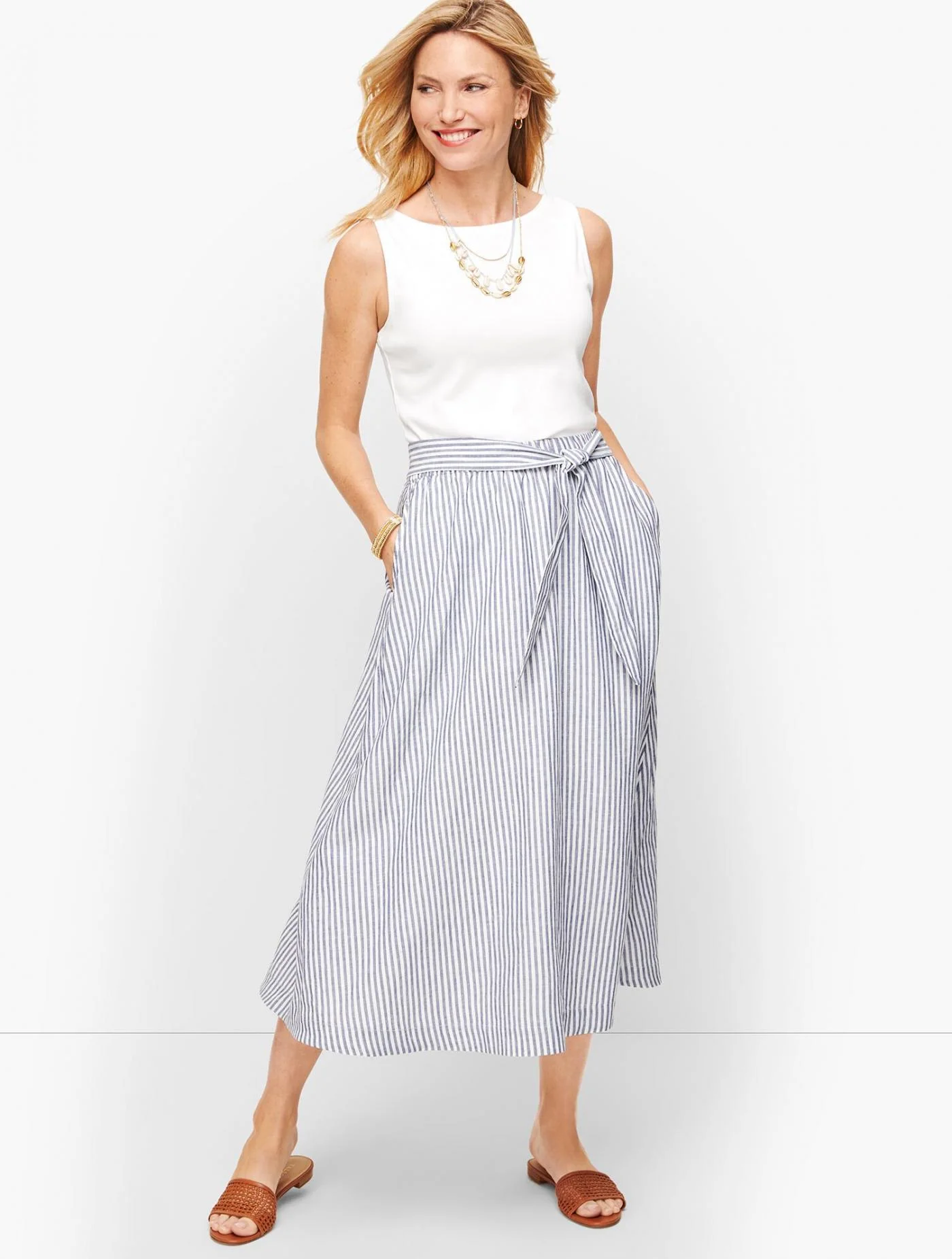 Skirts | Candy Stripe Linen Midi Skirt BLUE/WHITE &#8211; Talbots Womens