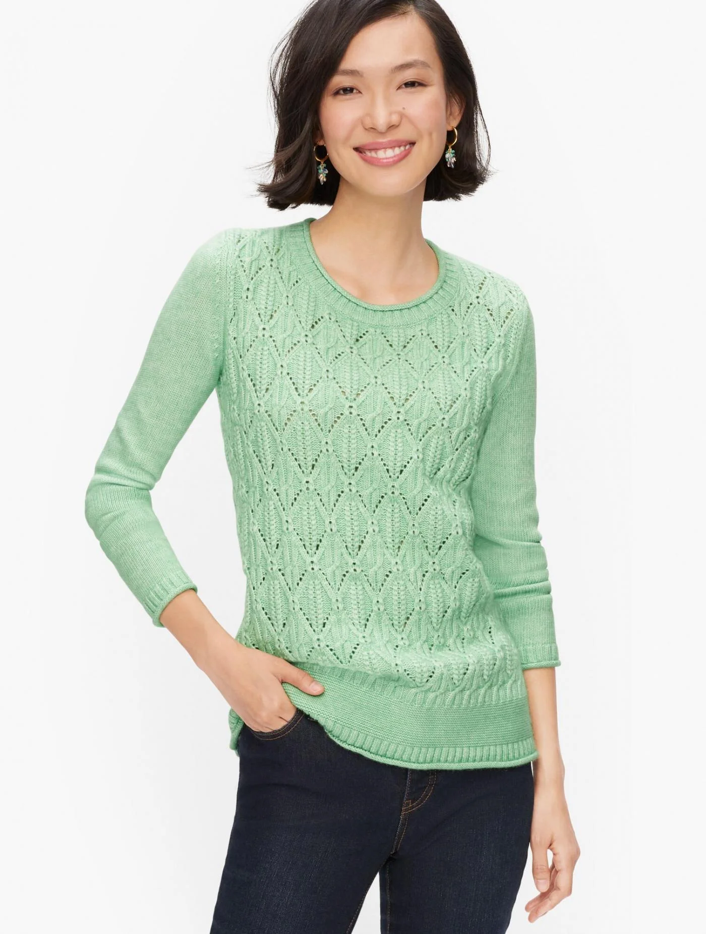 Sweaters | Diamond Cableknit Crewneck Sweater ALOE LEAF &#8211; Talbots Womens