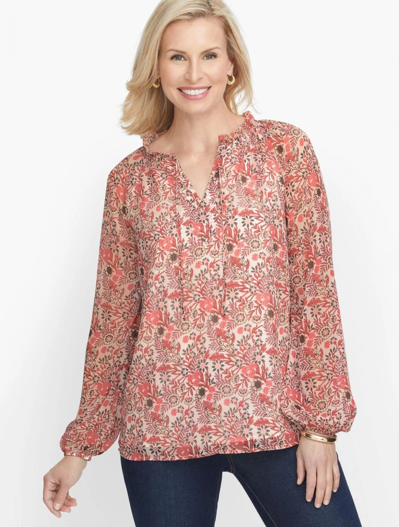 Blouses and Shirts | Shirred Tie Neck Top &#8211; Allover Floral IVORY MULTI &#8211; Talbots Womens