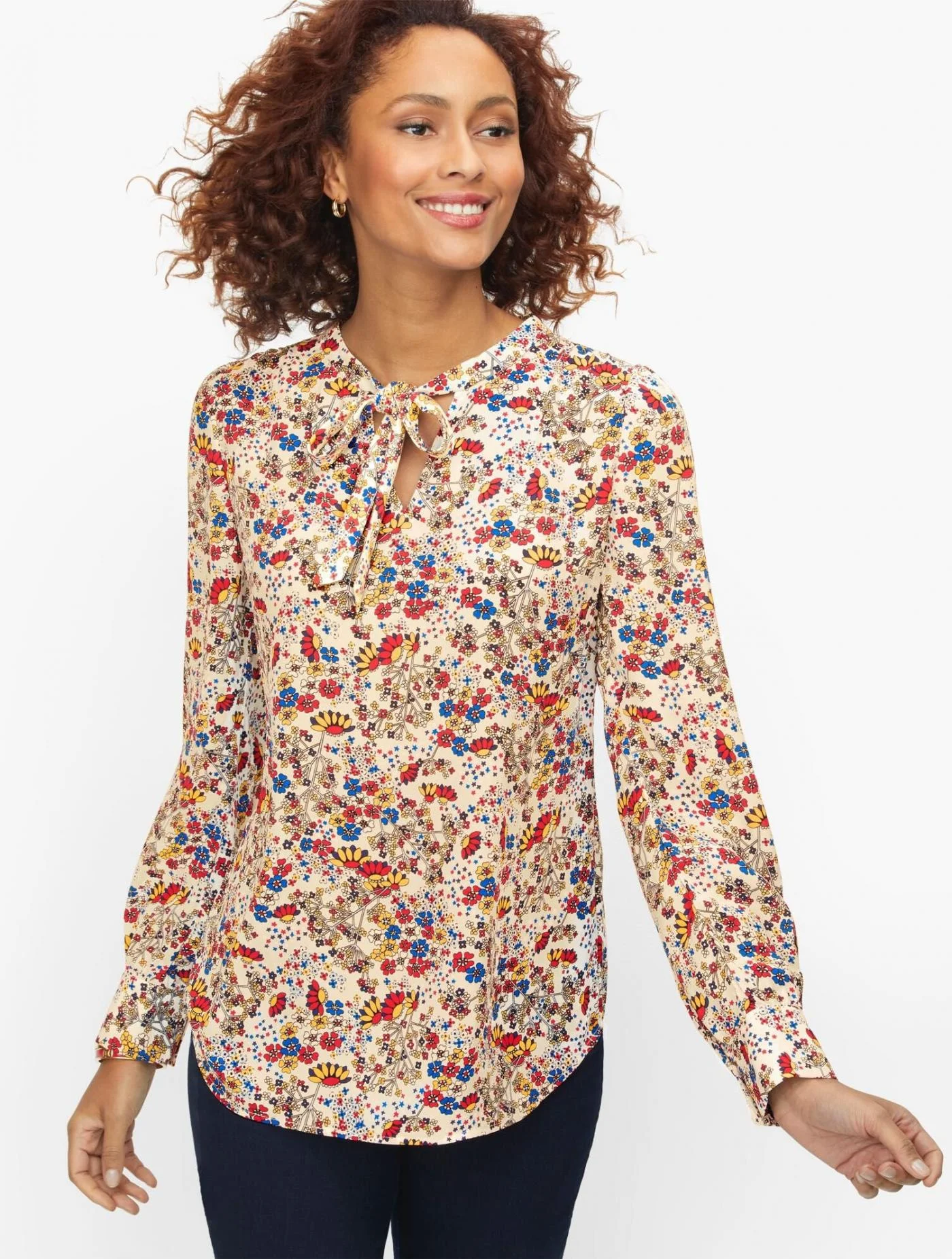 Blouses and Shirts | Meadow Floral Tie Neck Top IVORY MULTI &#8211; Talbots Womens