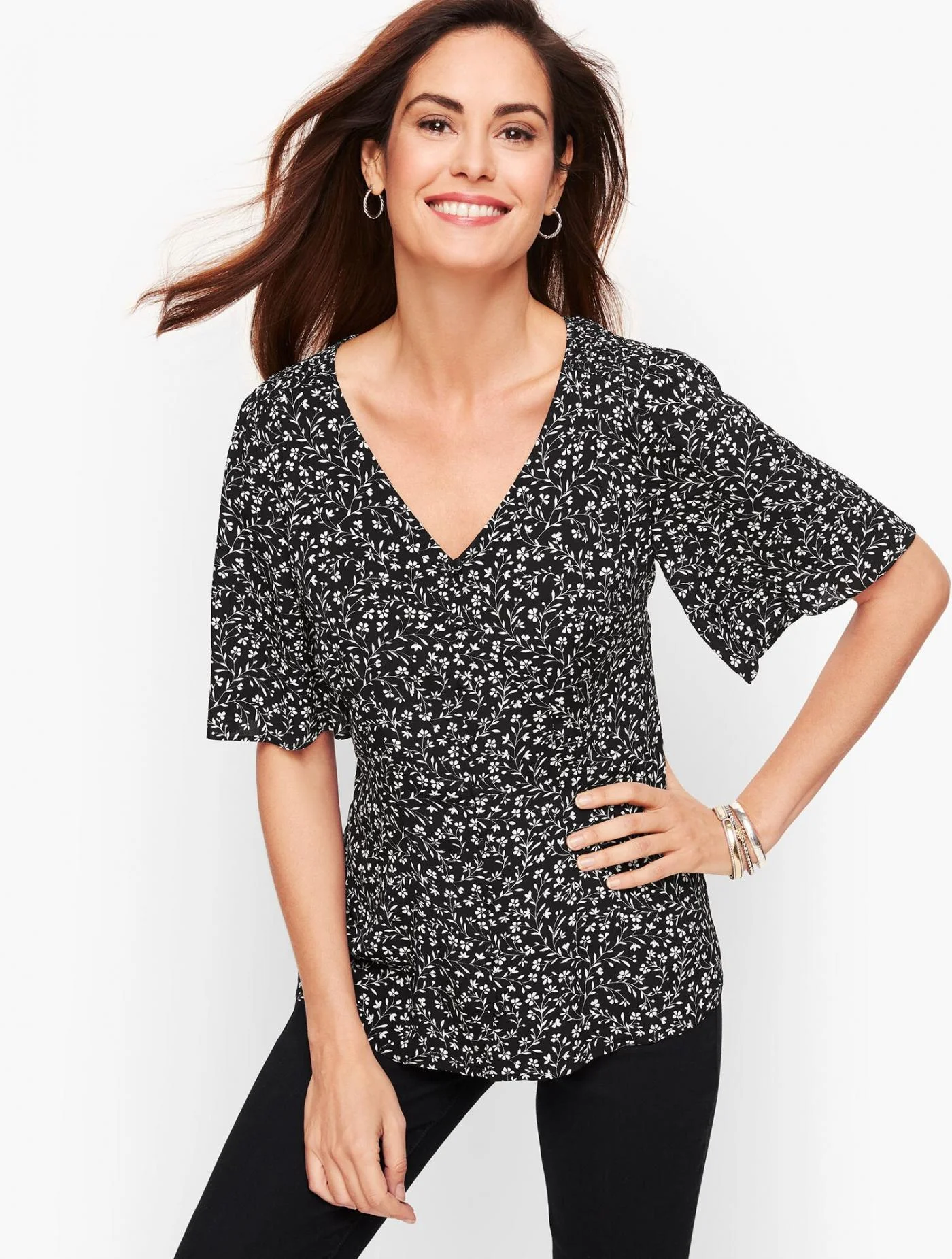 Blouses and Shirts | Flutter Sleeve Top &#8211; Floral  BLACK/WHITE &#8211; Talbots Womens