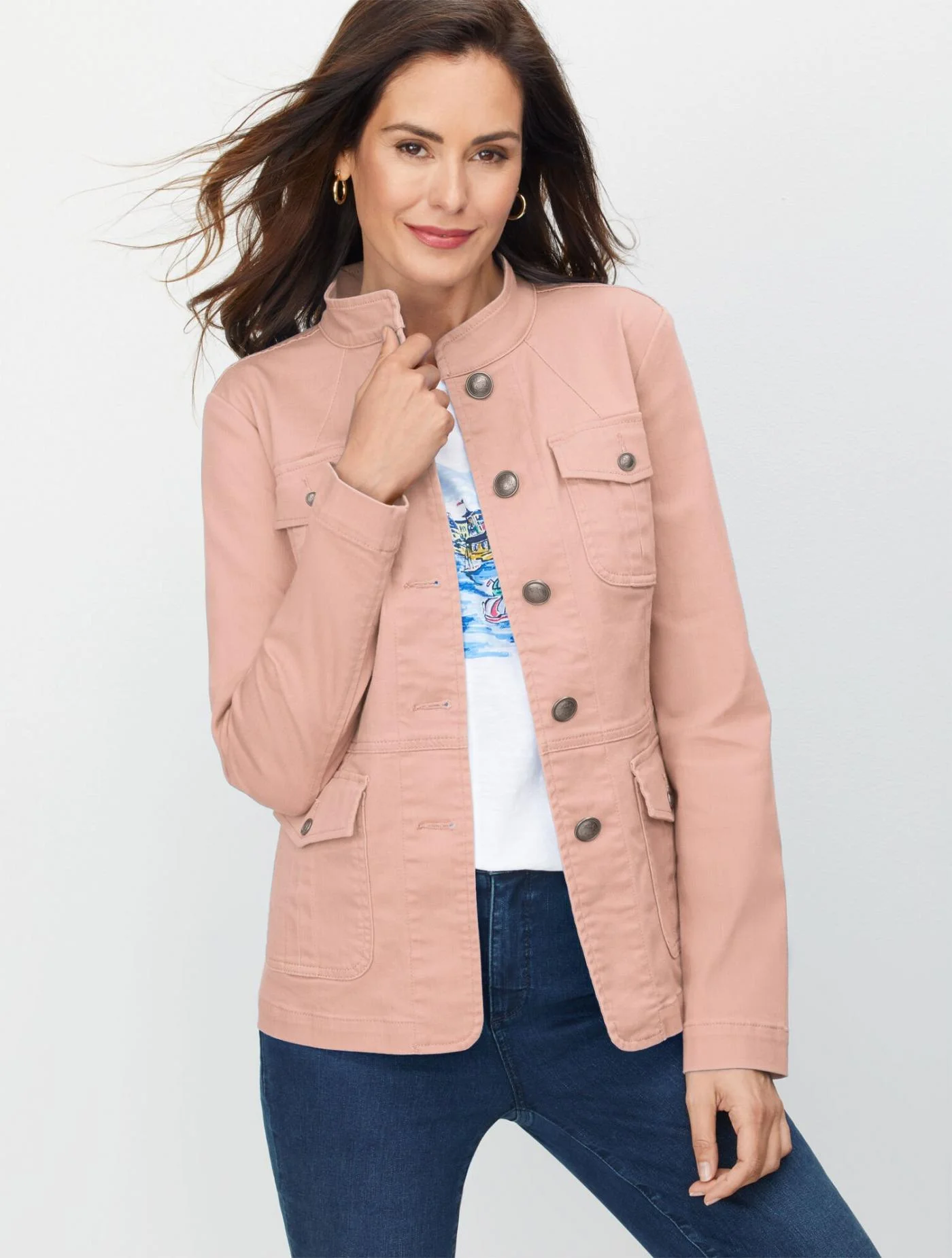 Jackets and Outerwear | Band Collar Jean Jacket &#8211; Colors HARVEST ROSE &#8211; Talbots Womens