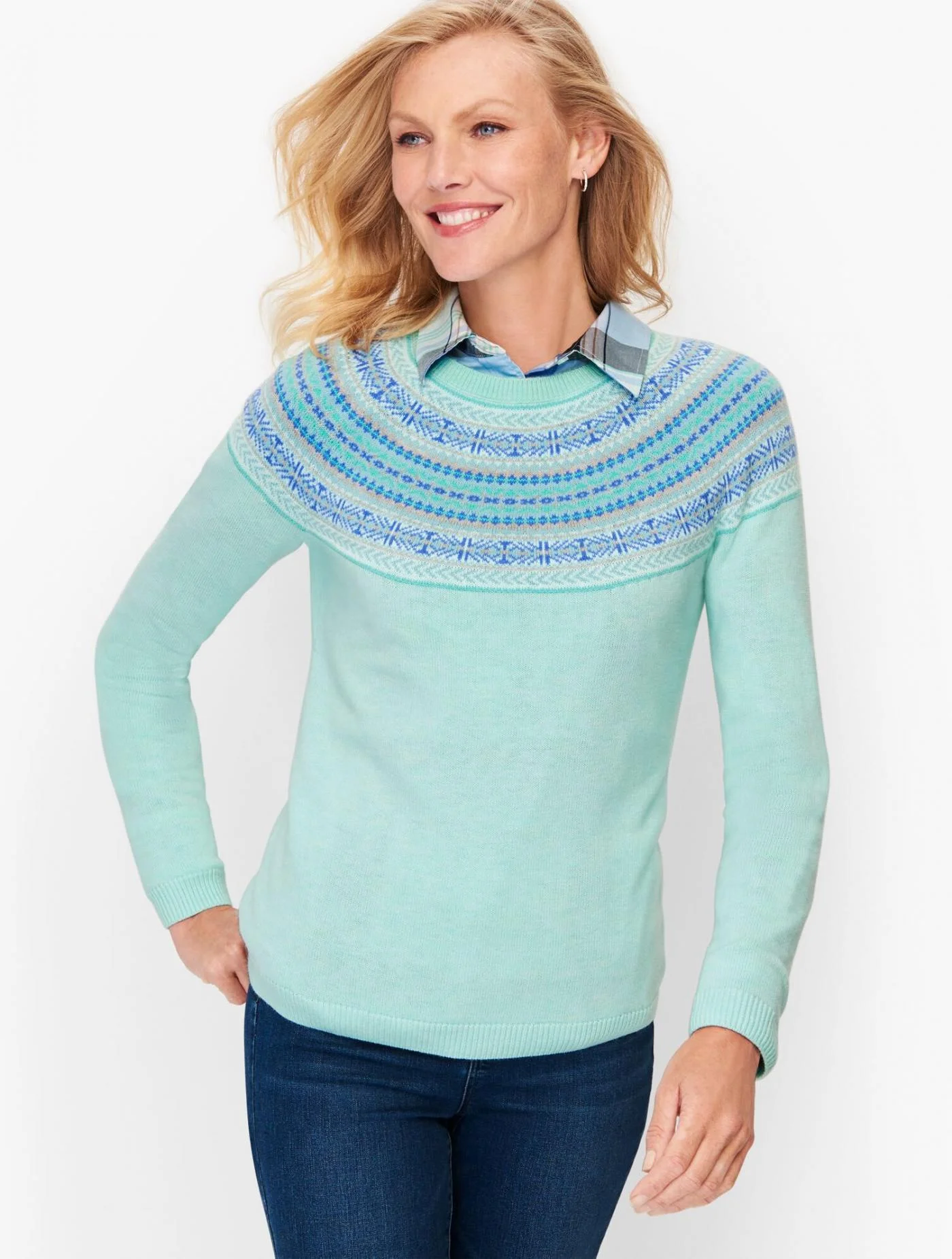 Sweaters | Fair Isle Yoke Sweater FROSTY MINT MULTI &#8211; Talbots Womens