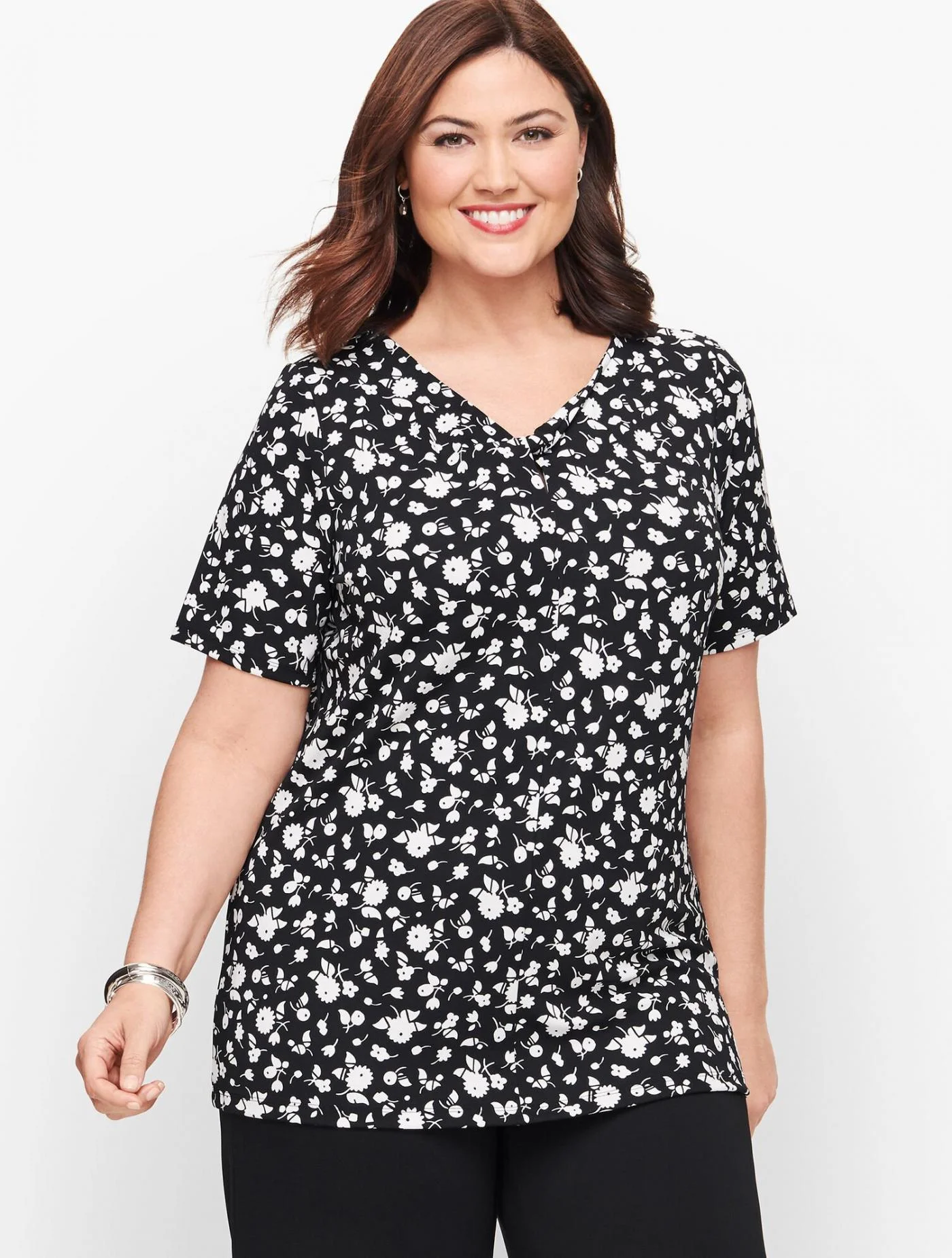 Tees and Knits | Knit Jersey Keyhole Twist Top &#8211; Floral  BLACK/WHITE &#8211; Talbots Womens