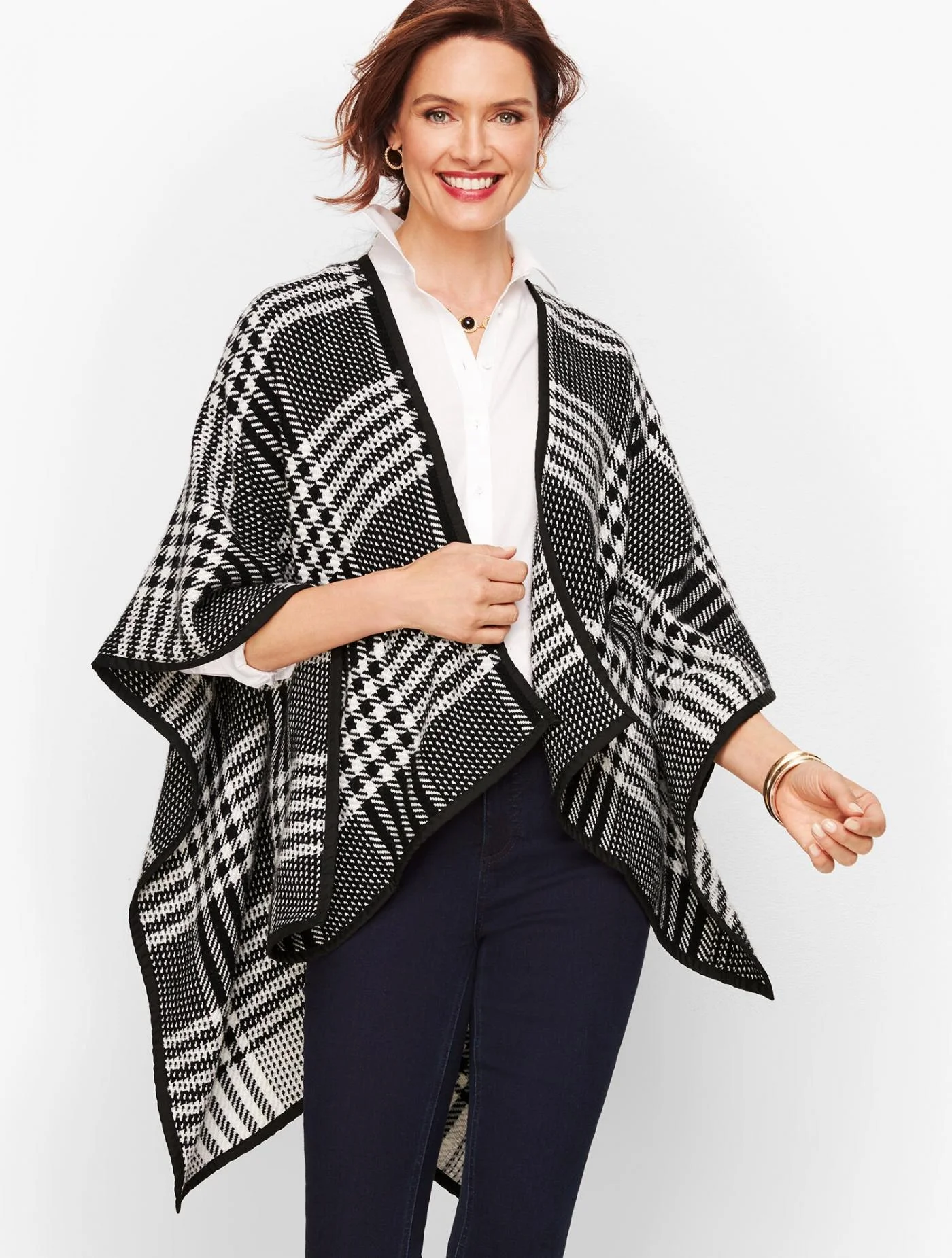 Sweaters |  Stadium Plaid Ruana BLACK/IVORY &#8211; Talbots Womens