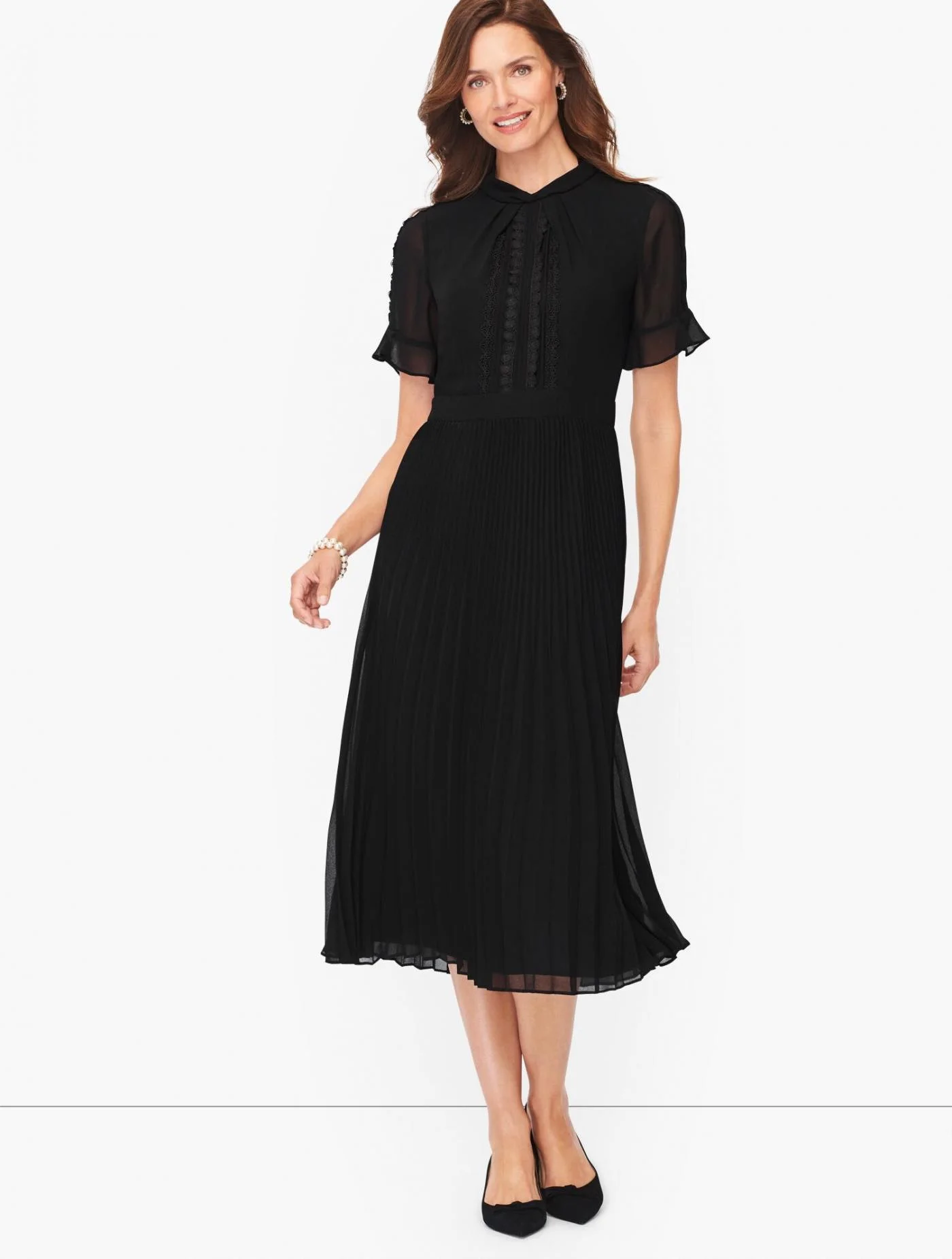 Dresses | Lace Trim Pleated Fit &amp; Flare Dress BLACK &#8211; Talbots Womens