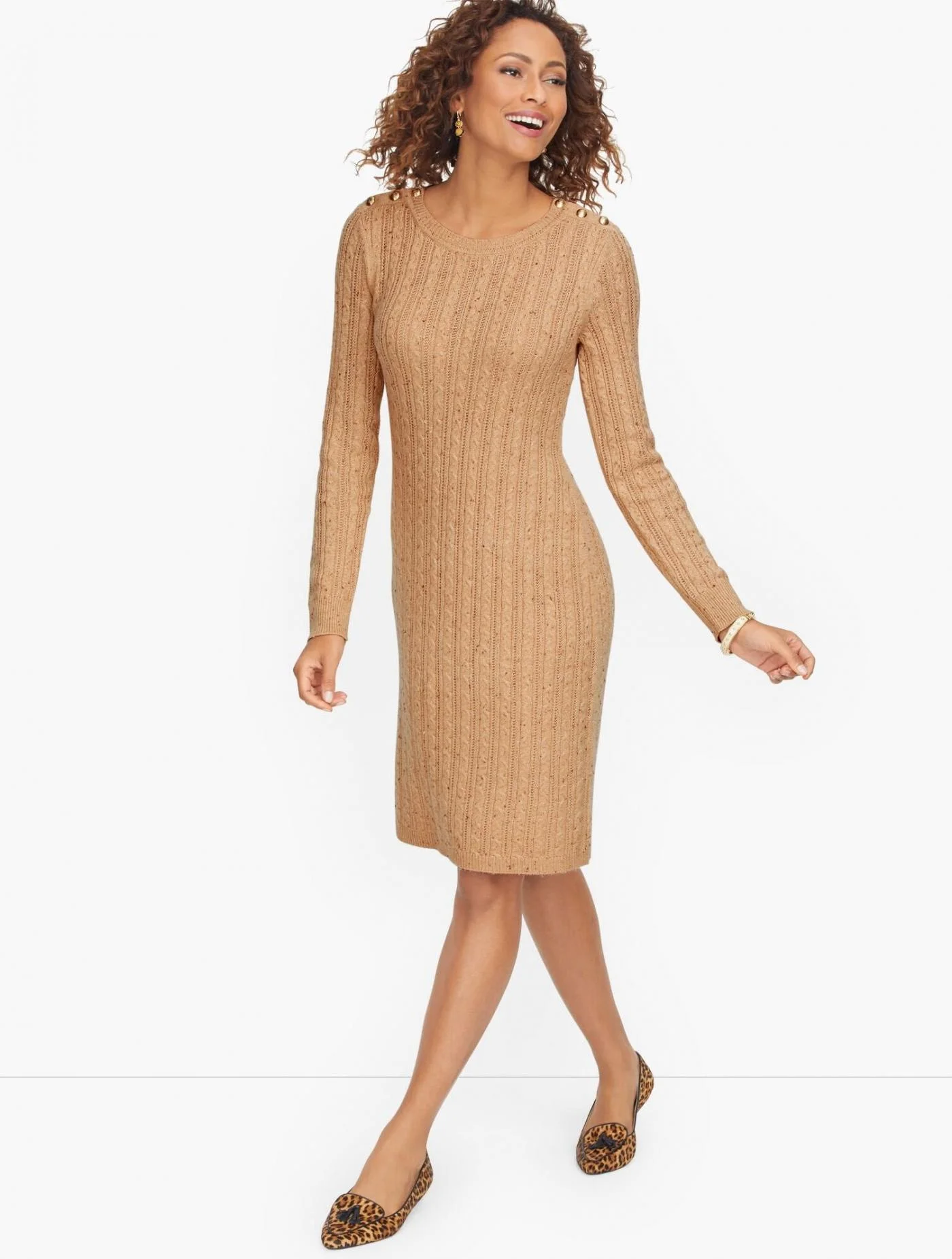 Dresses | Cableknit Button Shoulder Sweater Dress TOASTED COCONUT HEATHER &#8211; Talbots Womens