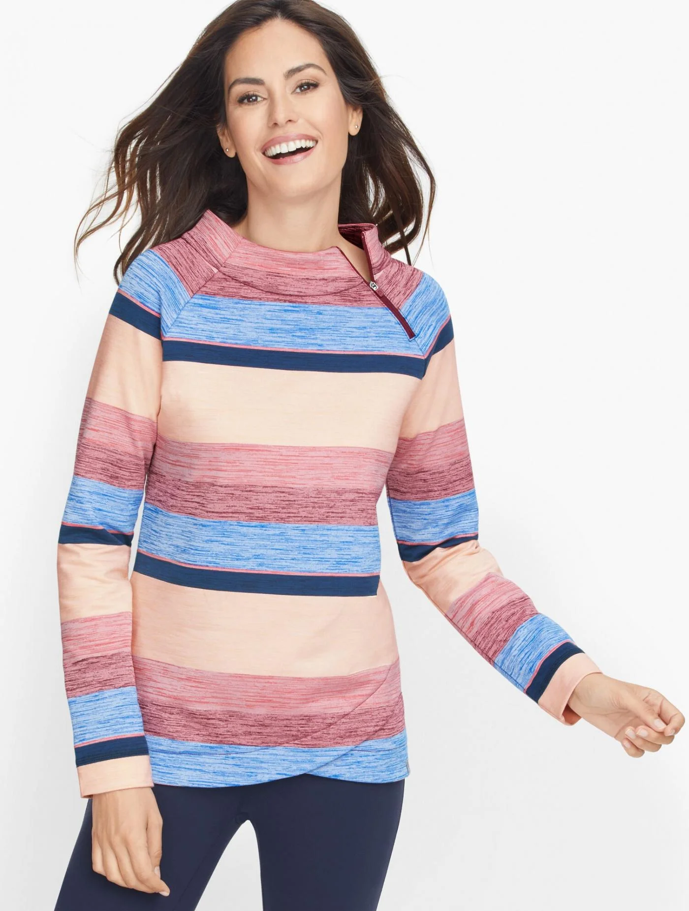 Tees and Knits | Zip Mockneck Stripe Top PINK LOTUS MULTI &#8211; Talbots Womens