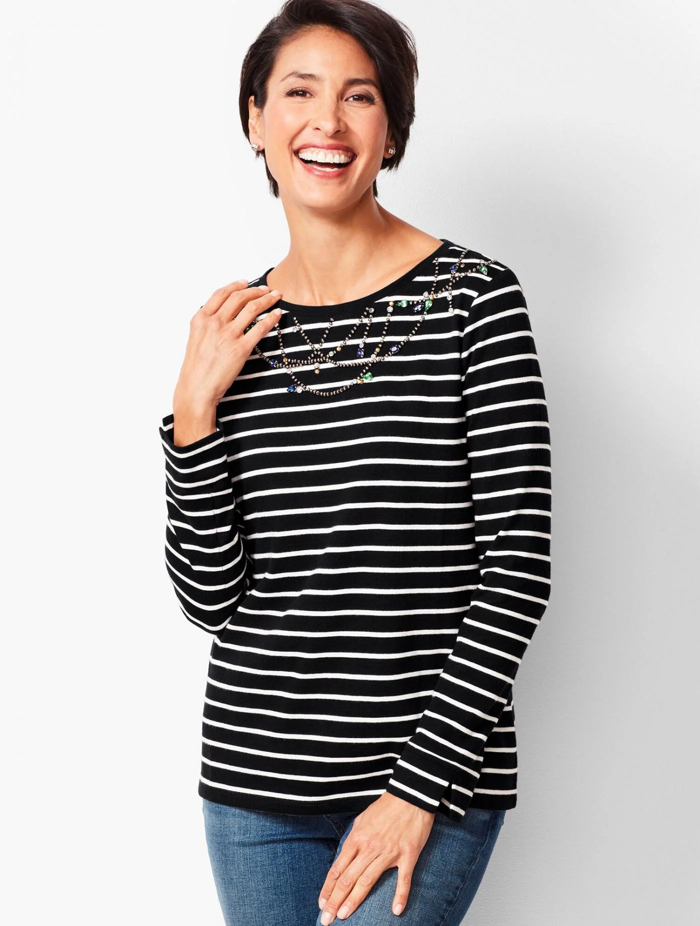 Tees and Knits | Embellished Long-Sleeve Stripe Tee BLACK/IVORY &#8211; Talbots Womens